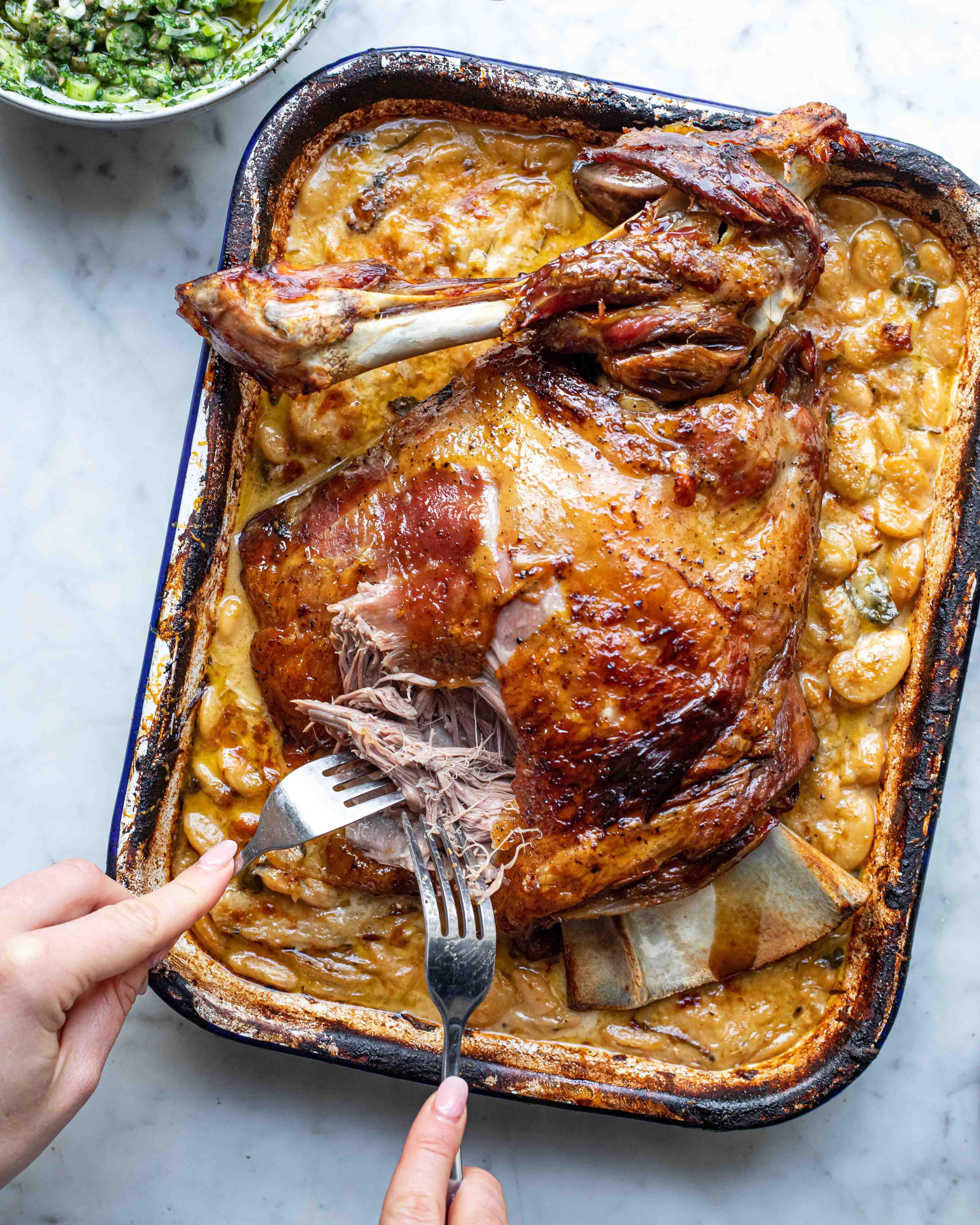 Slow cooked lamb shoulder with cheesy beans 1