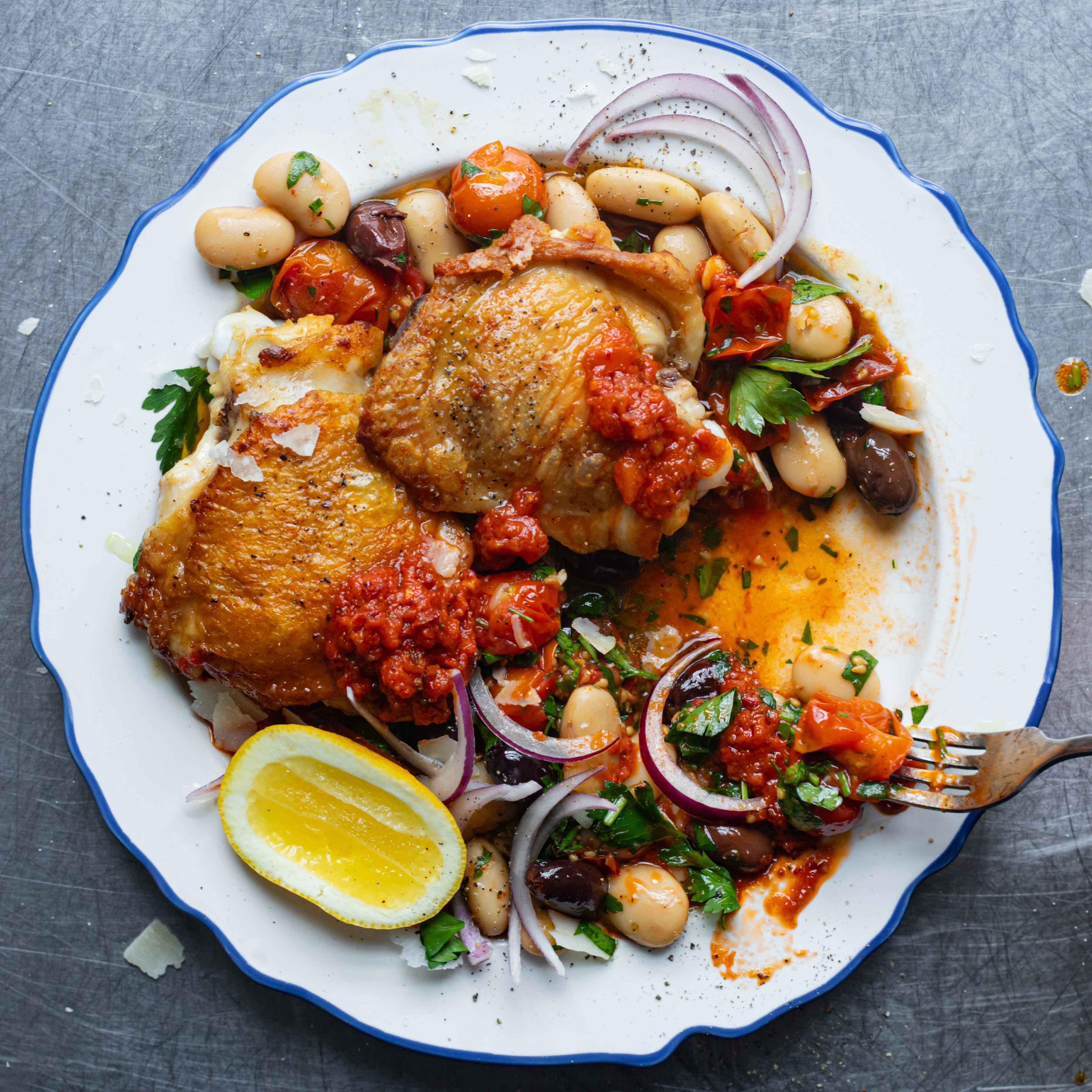 Crispy Chicken with Juicy Tomatoey Beans