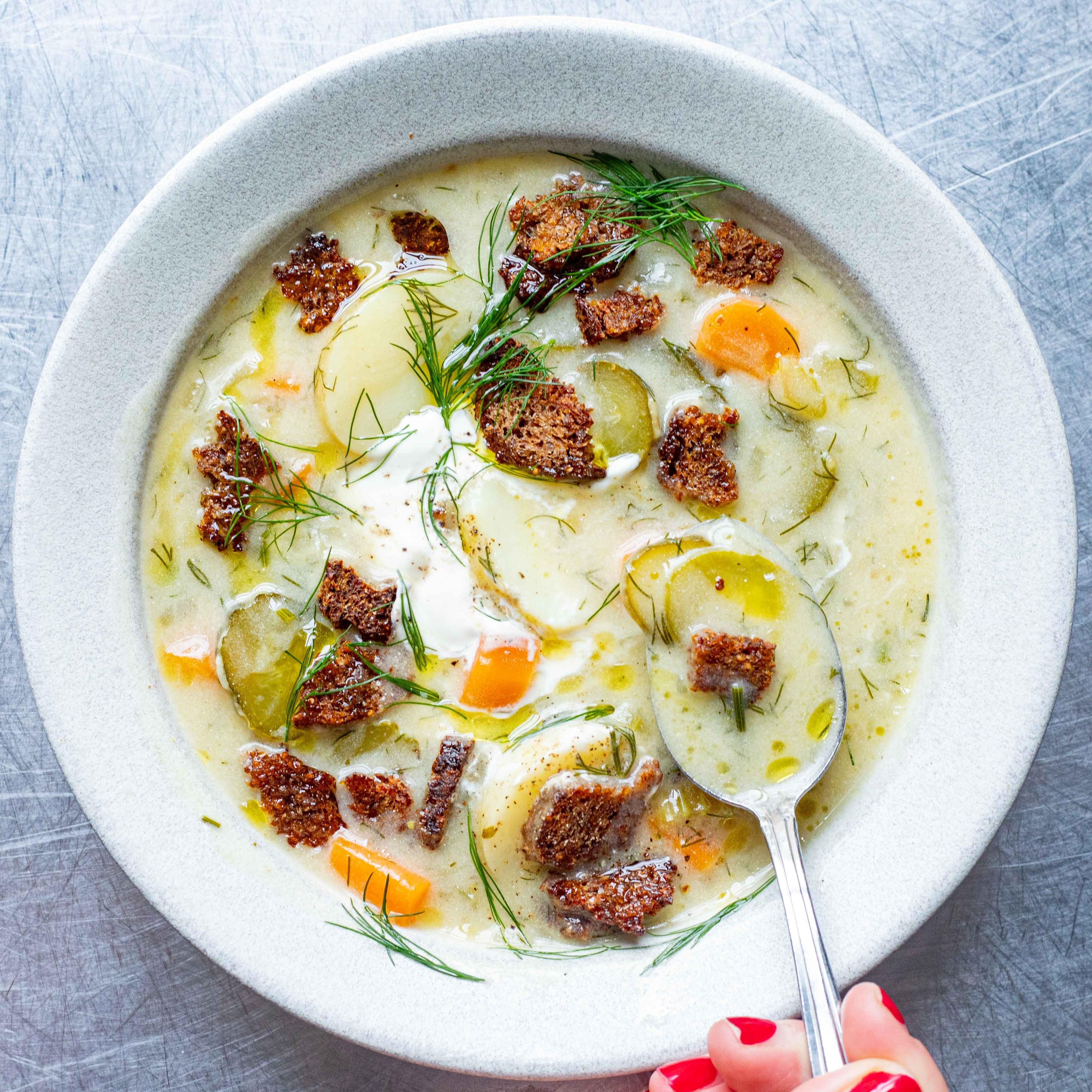 Dill Pickle Soup with Rye Croutons