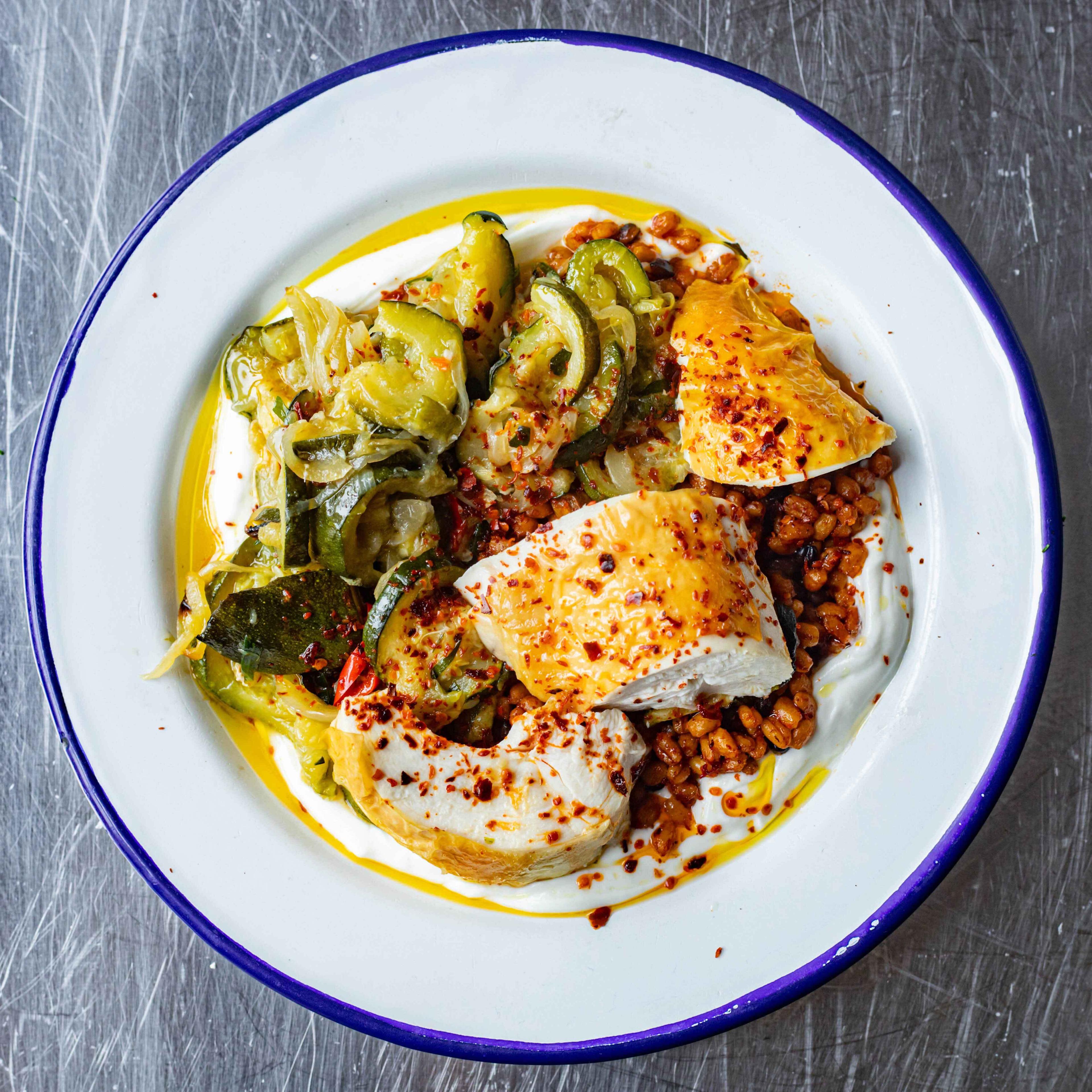 Roast Chicken With Schmaltzy Courgettes and Grains