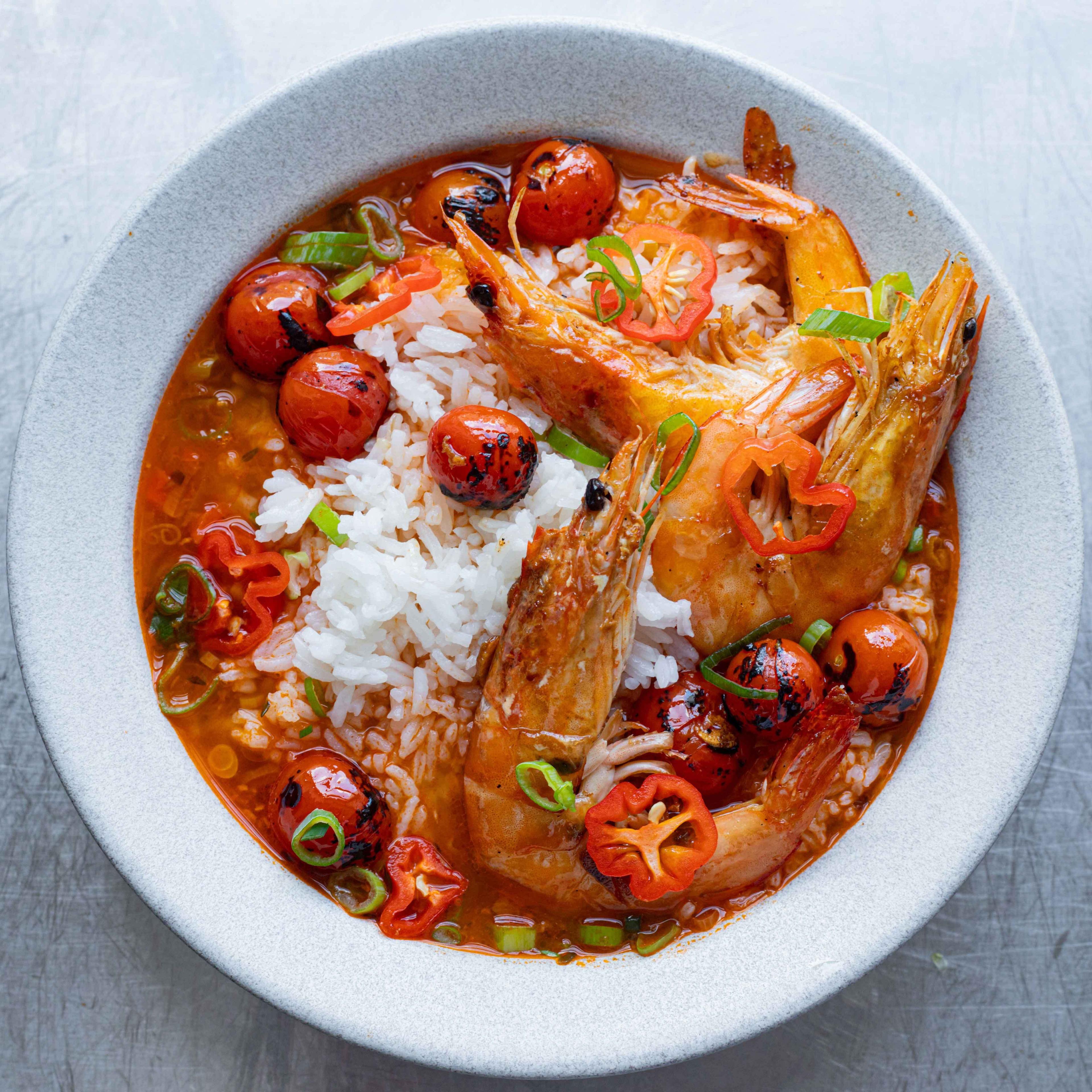 Spicy Charred Tomato Prawns with Brothy Rice