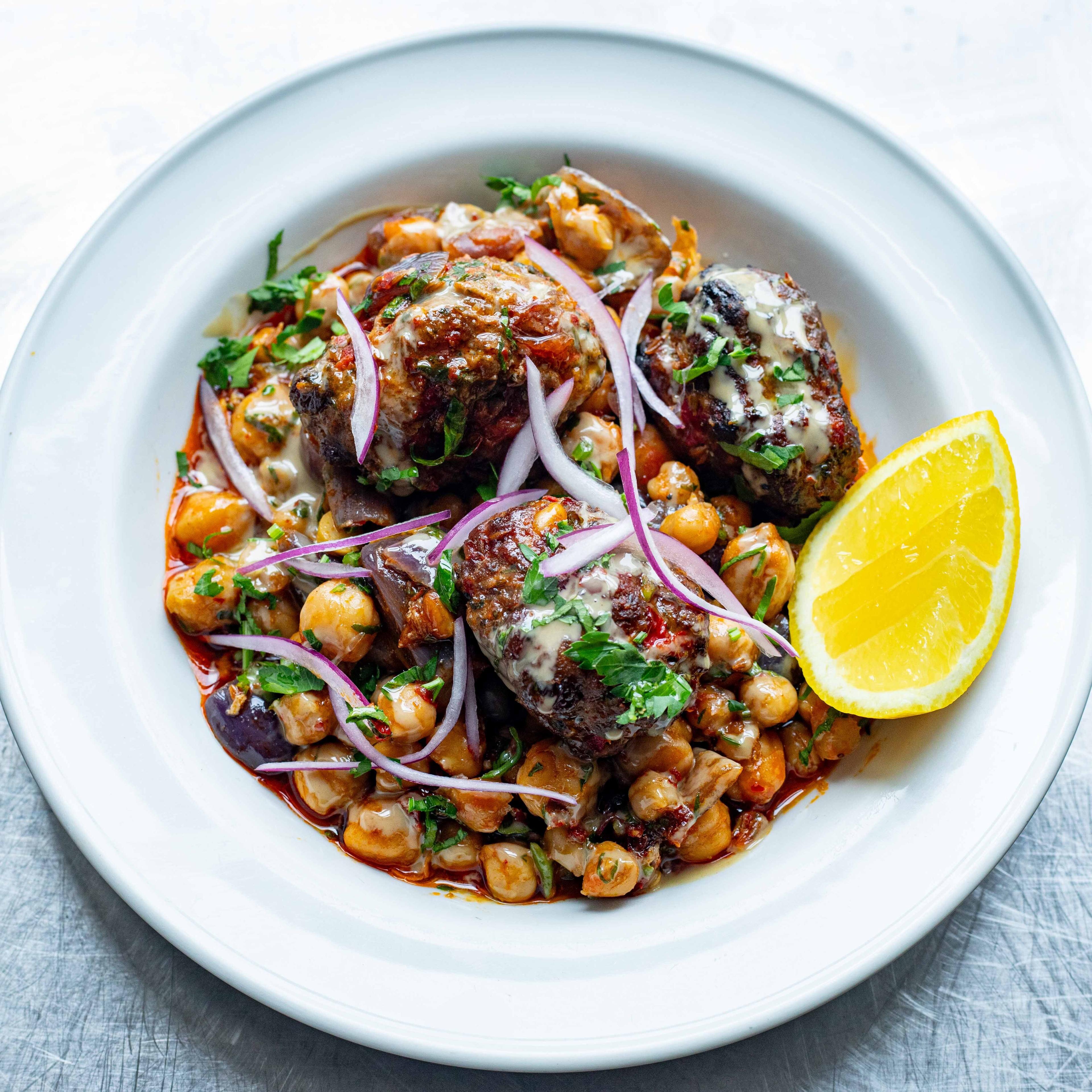 Spicy Lamb Meatballs Chickpeas With Tahini Drizzle