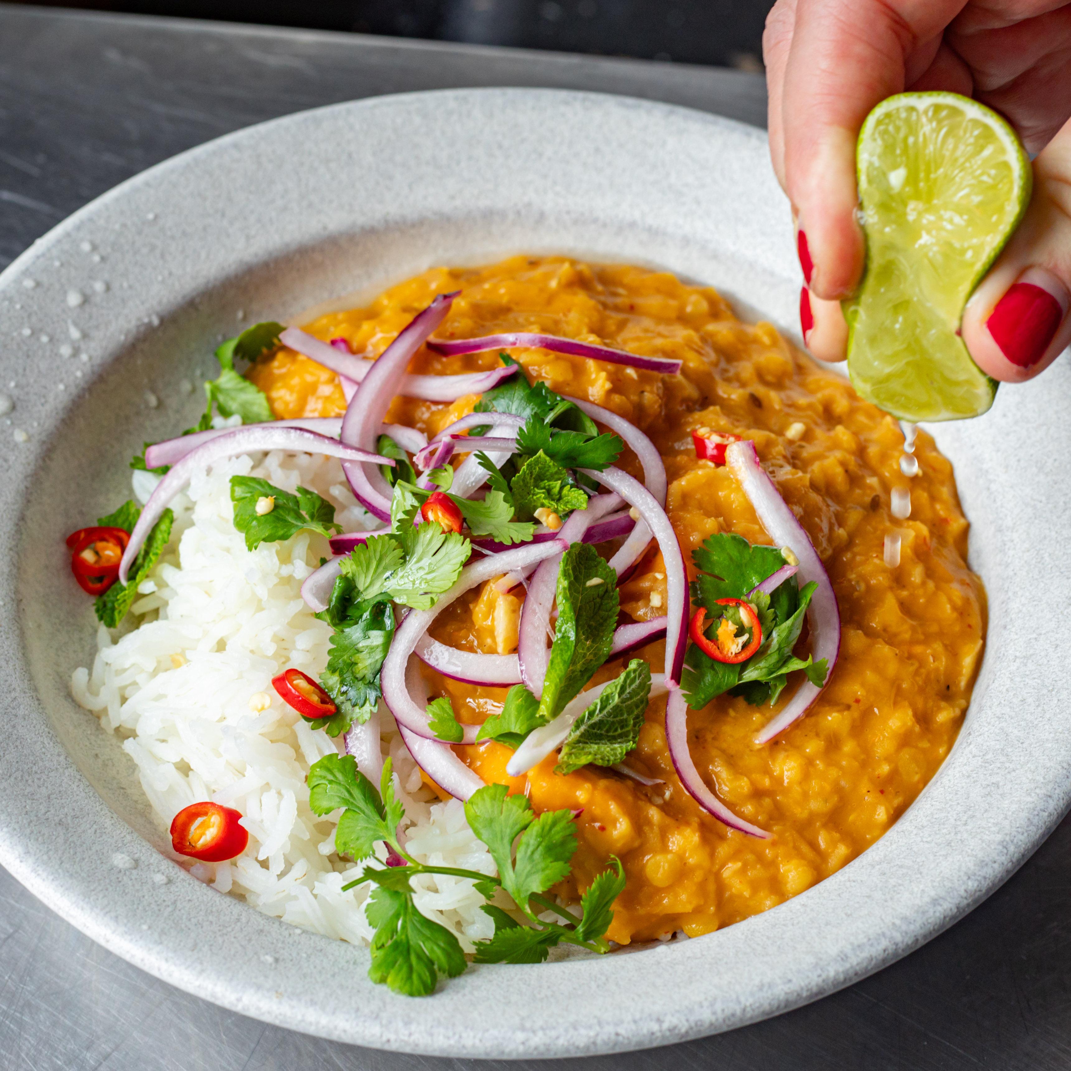 Thai Red Lentil Curry with Lime Pickled Onions