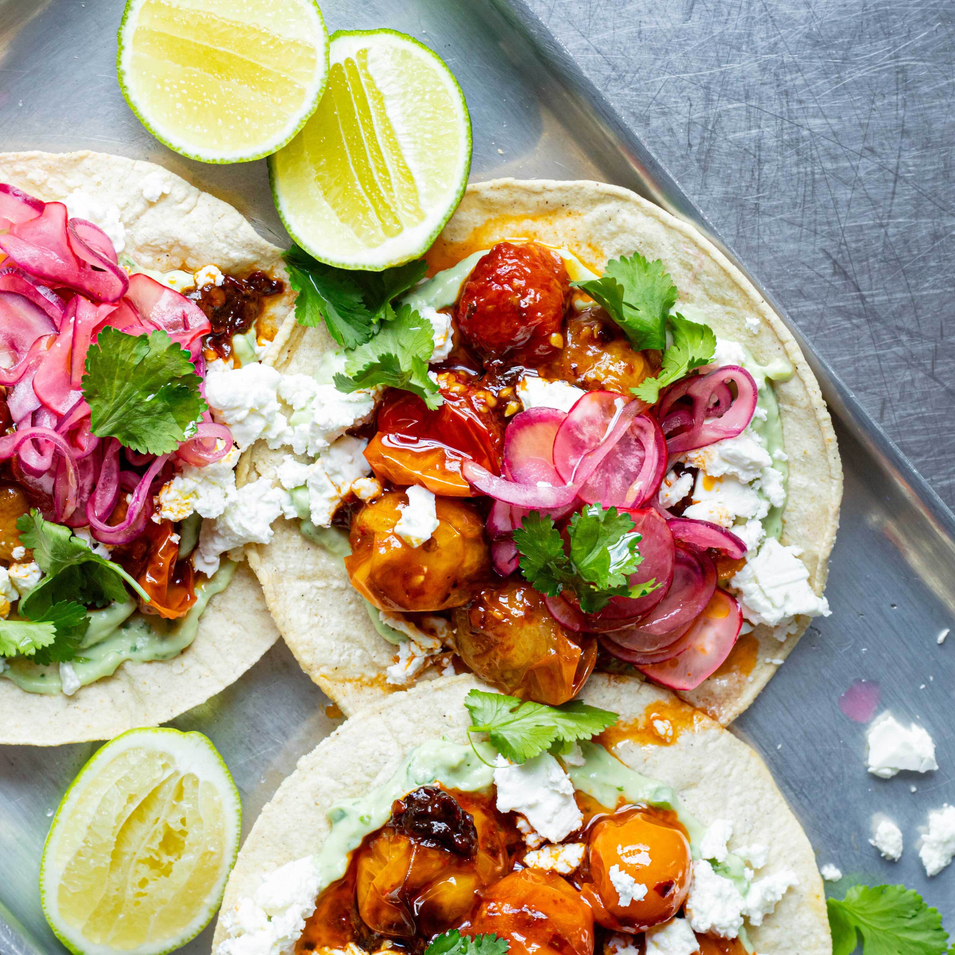 Air Fryer Chipotle Tomato Tostadas with Feta Limey Pickles