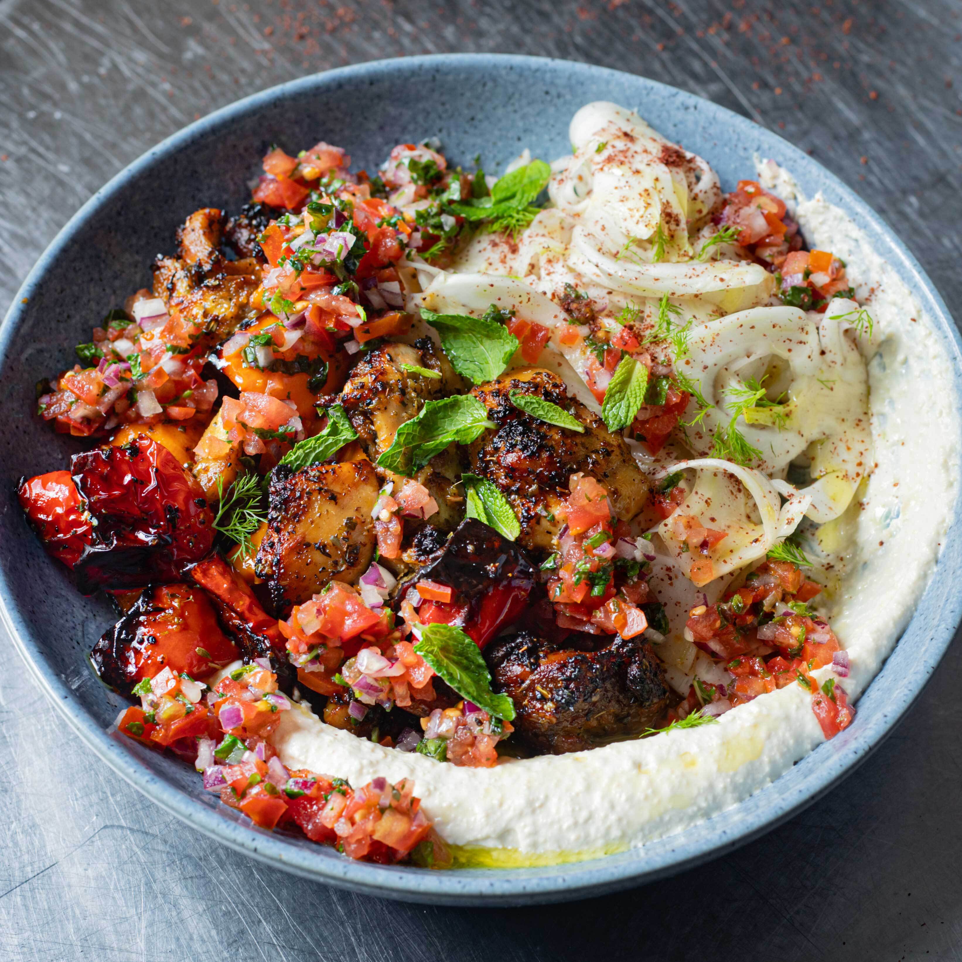 Air Fryer Lemon Garlic Chicken Hummus Bowls with Tomato Mint Salsa