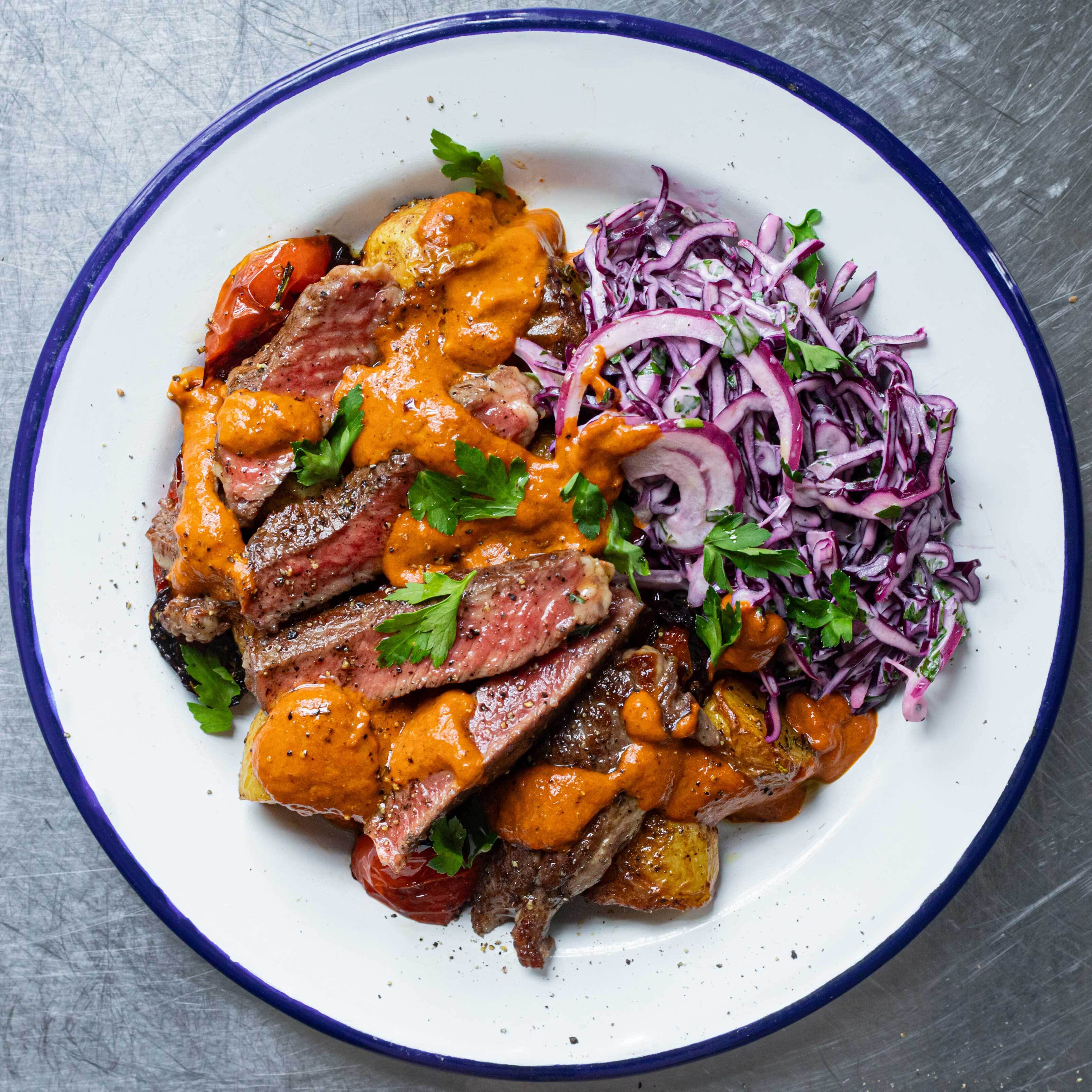 Air Fryer Steak Crispy Potatoes Slaw with Piri Piri Dressing