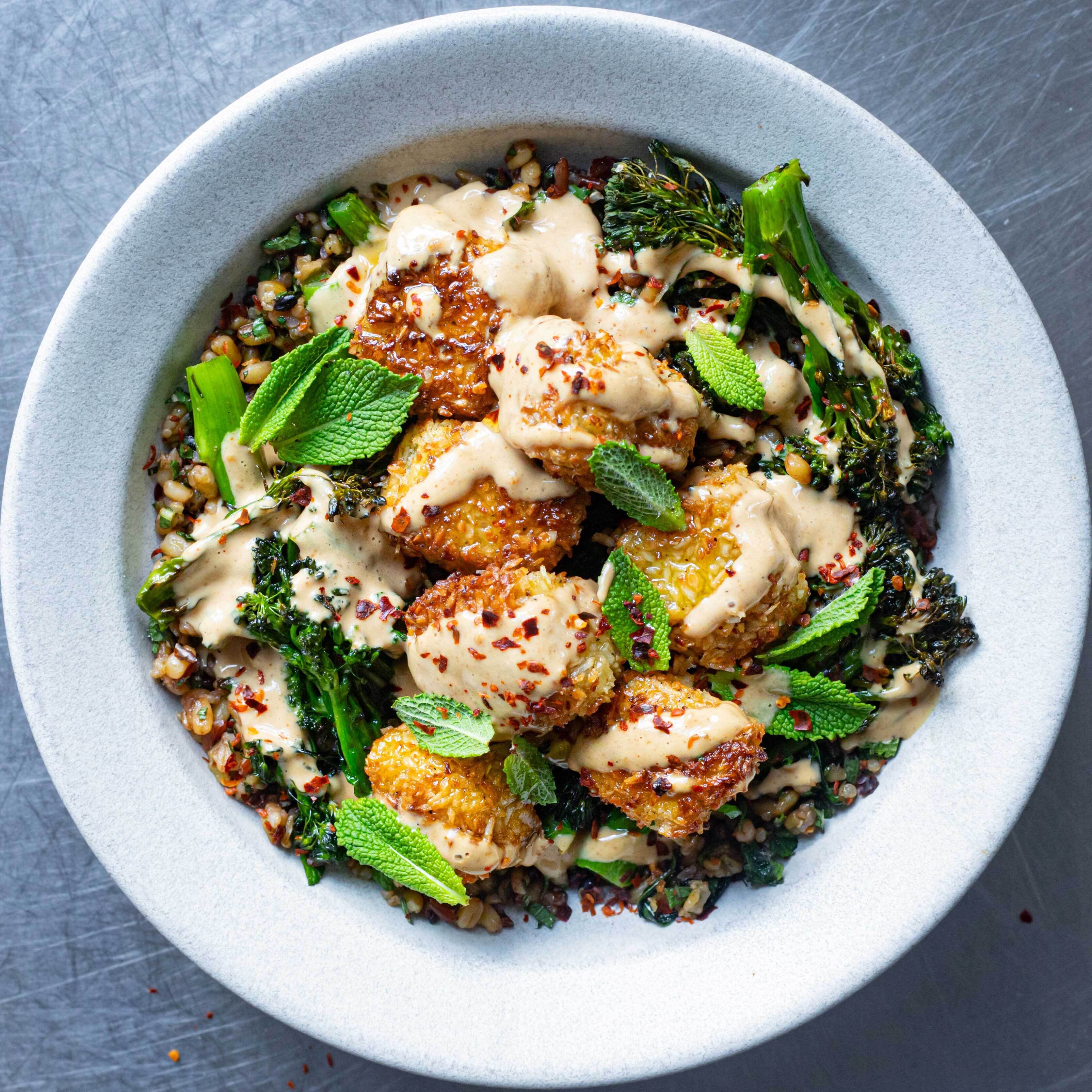 Coconutty Air Fryer Tofu Quinoa Salad with Peanut Dressing