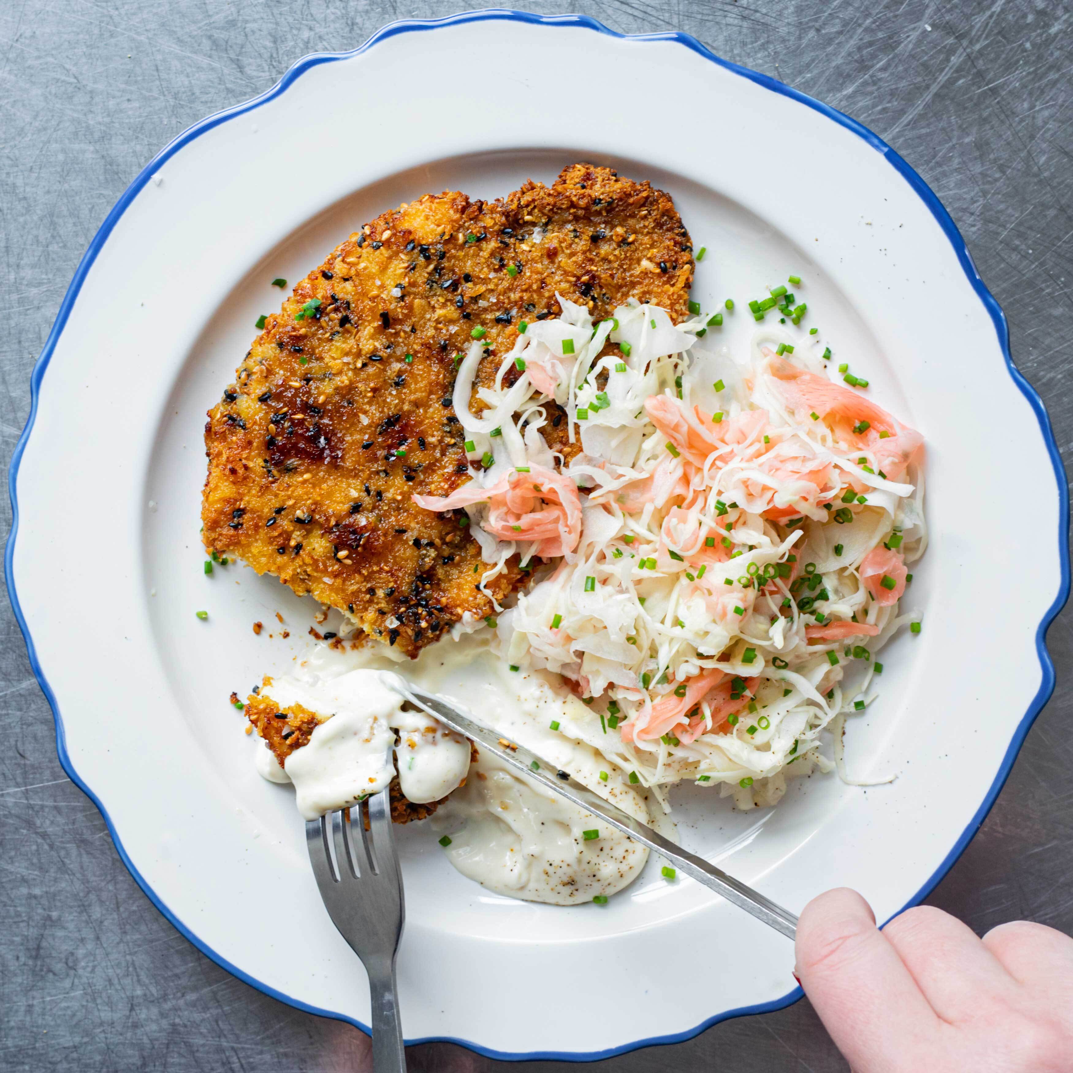 Curried Sesame Air Fryer Schnitzel With Pickled Ginger Slaw