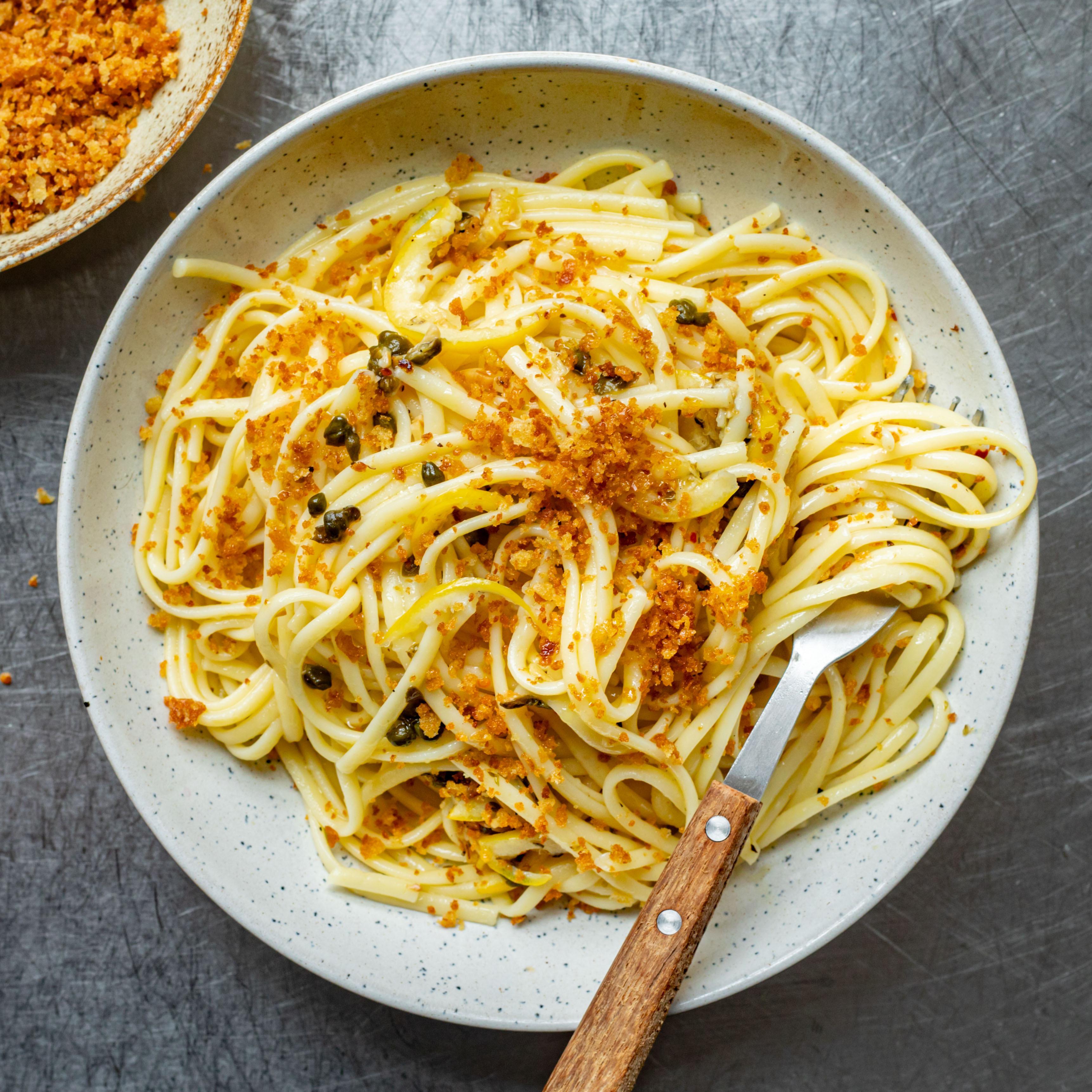 Fried Lemon Caper Spaghetti with Breadcrumbs