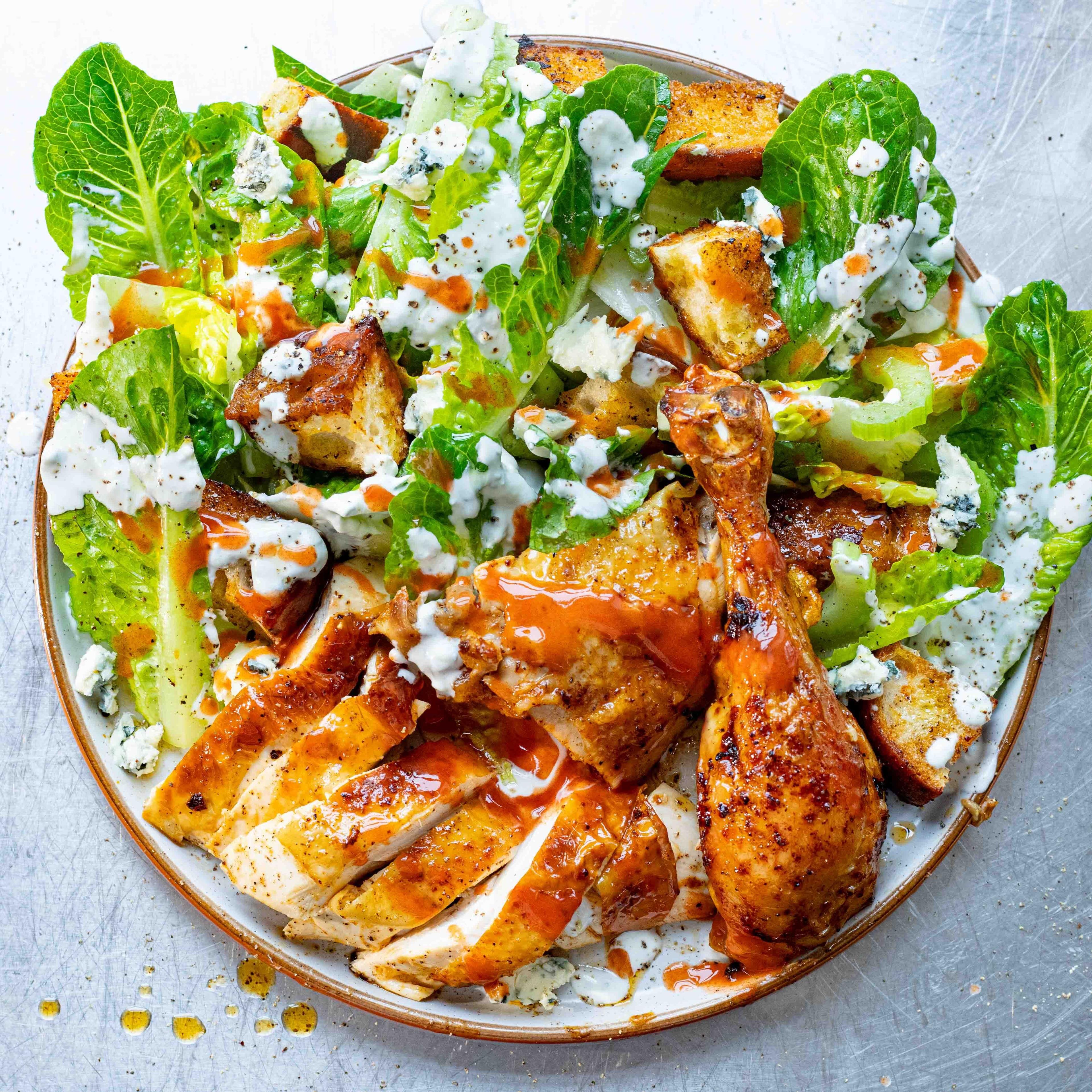 Hot Sauce Roast Chicken Crispy Crouton Salad With Blue Cheese Dressing