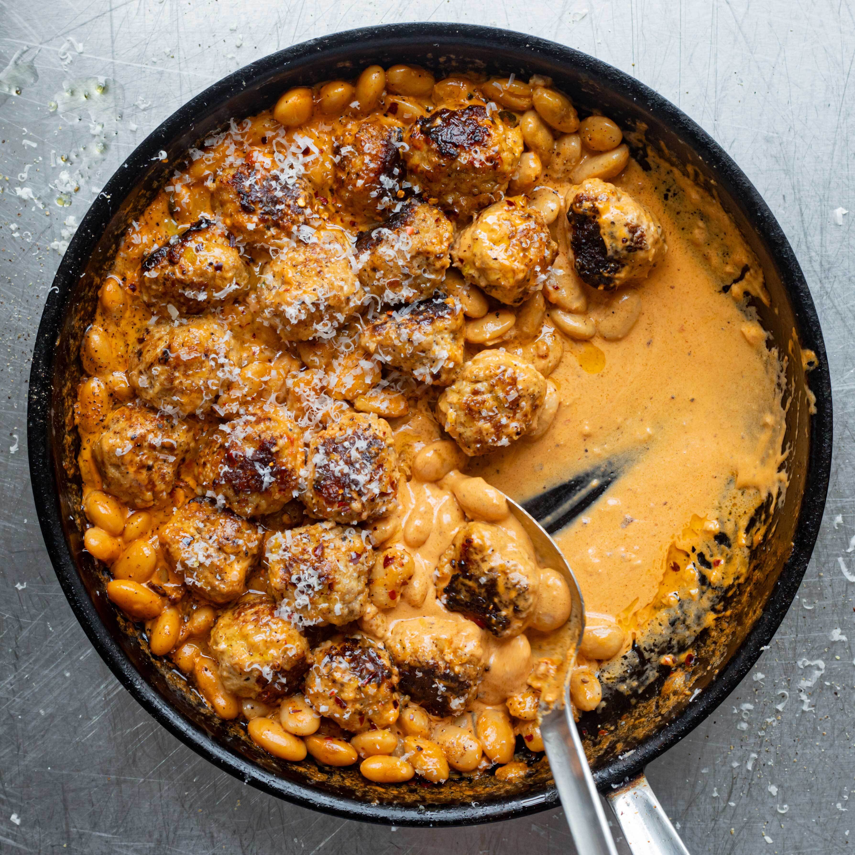 Pork Ricotta Fennel Seed Meatballs with Tomato Cream Butter Beans