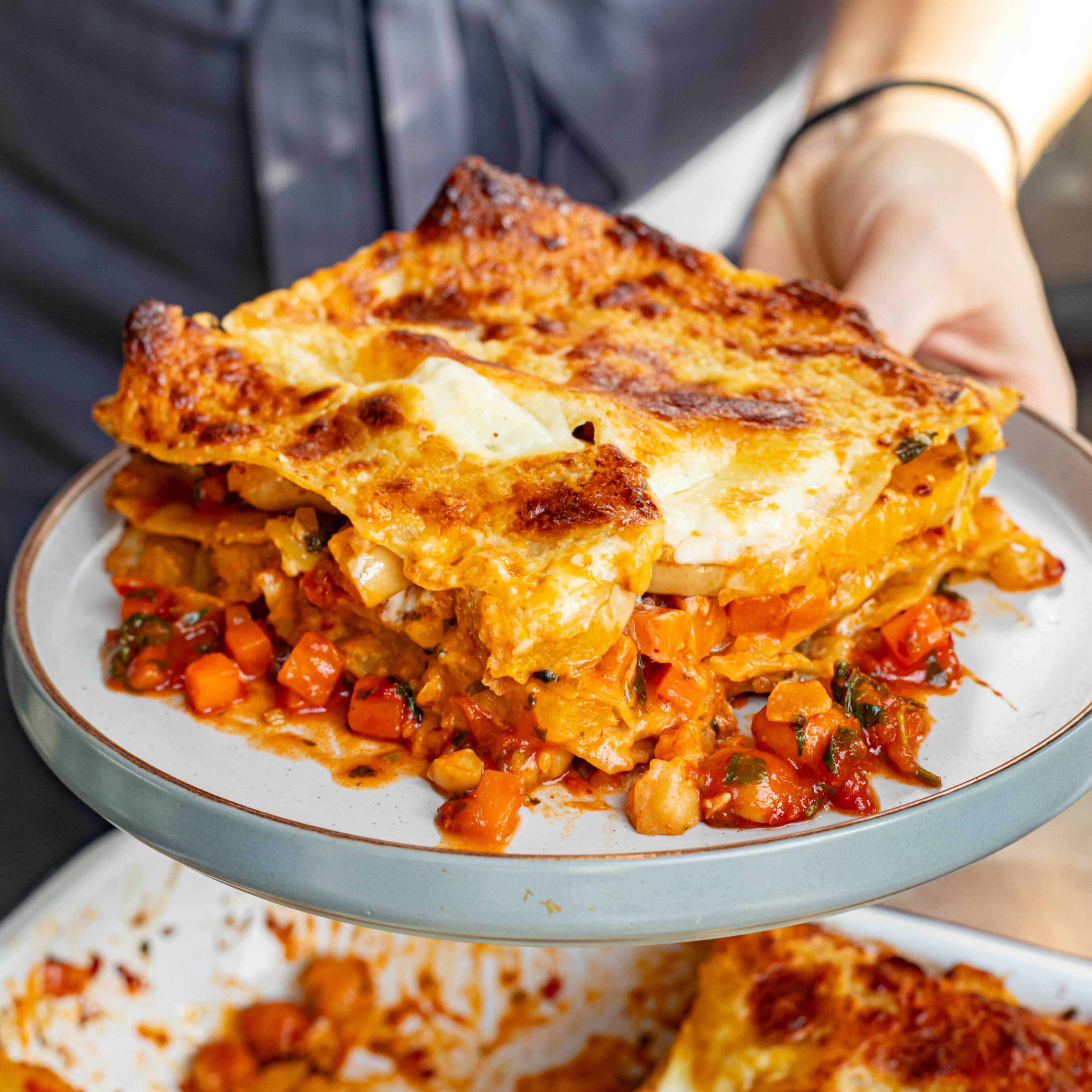 Roast Squash Chickpea Harissa Lasagne