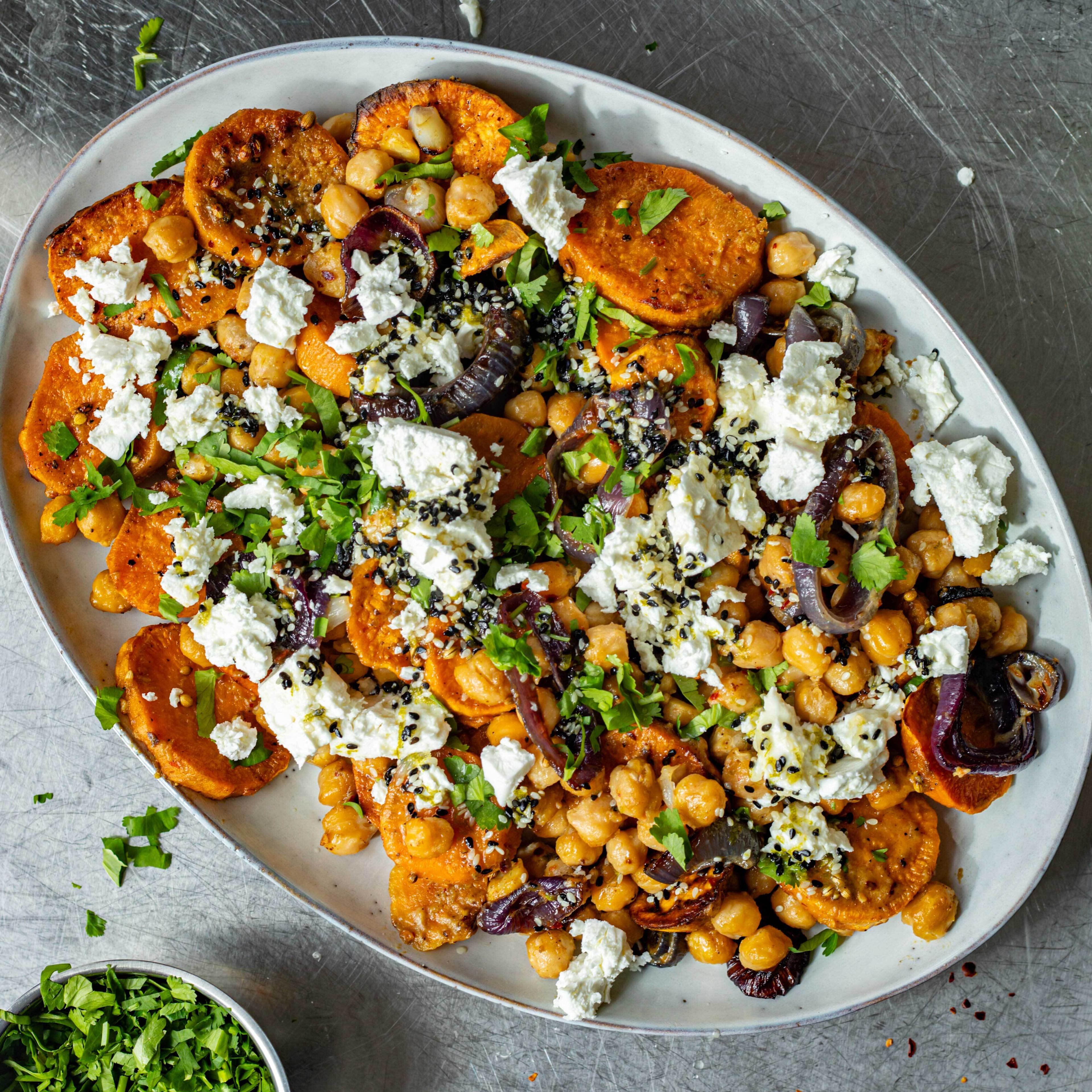 Roast Sweet Potato Salad with Miso Tahini Chickpeas