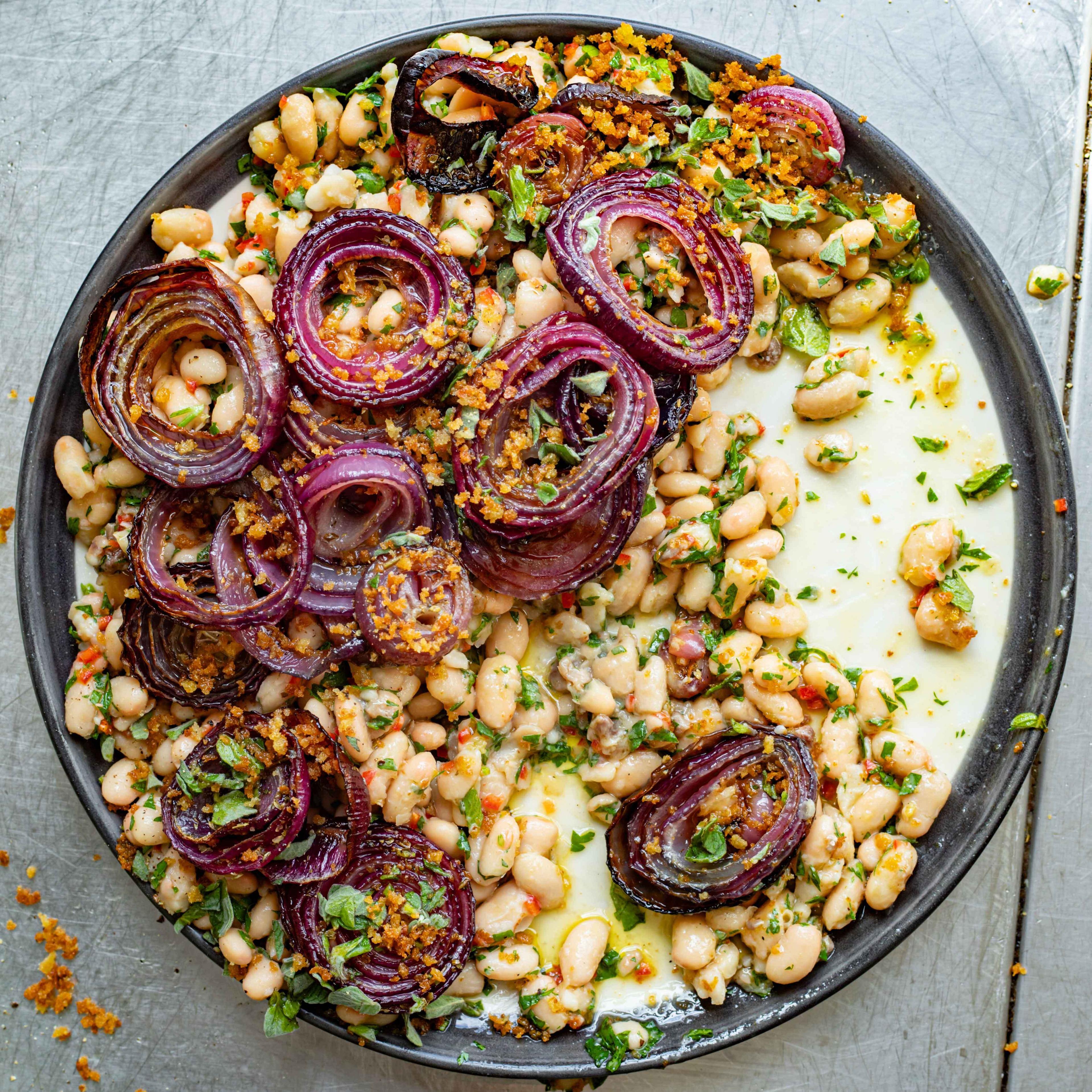 Roasted Red Onions with White Beans Fried Breadcrumbs