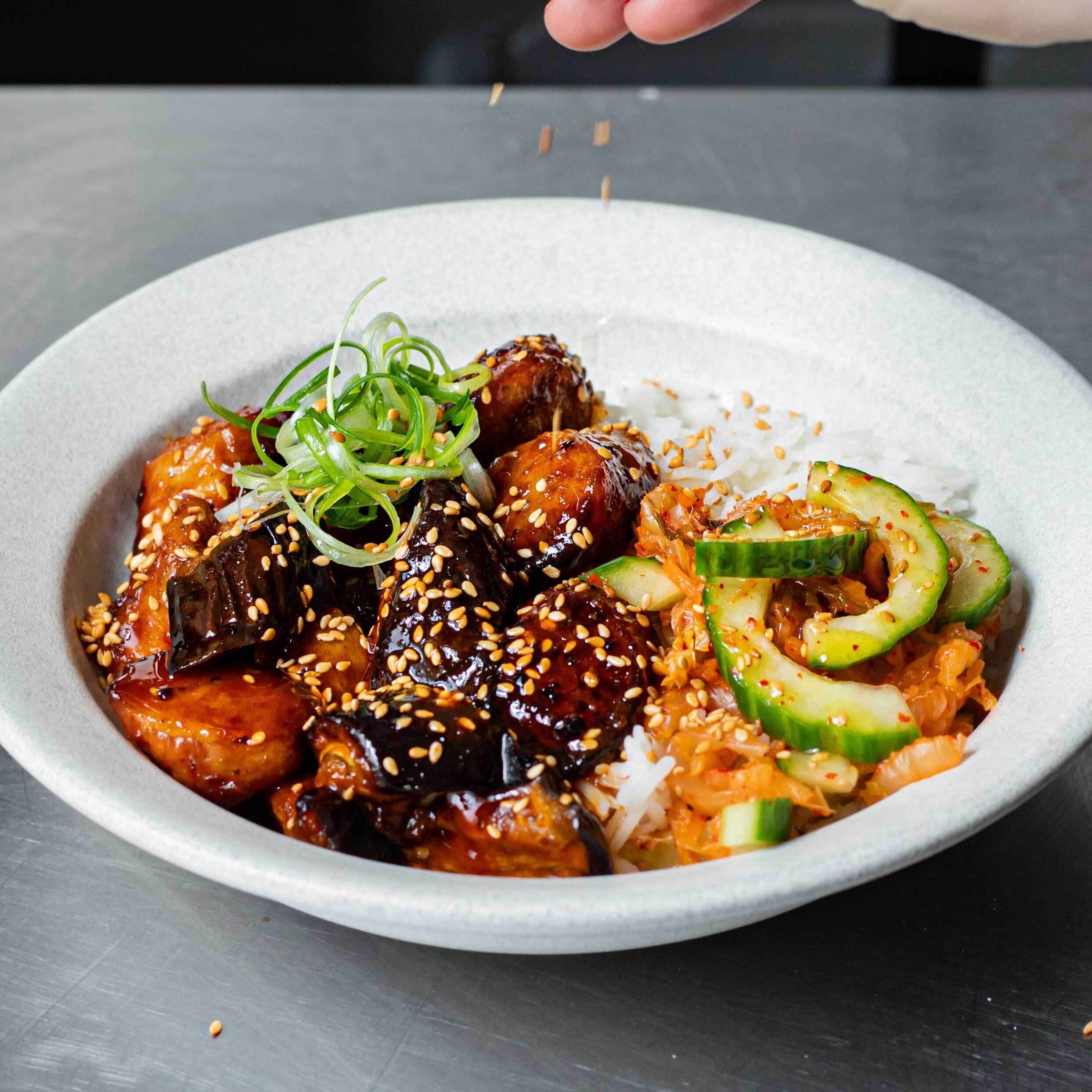 Sticky Air Fryer Gochujang Aubergine Sausages