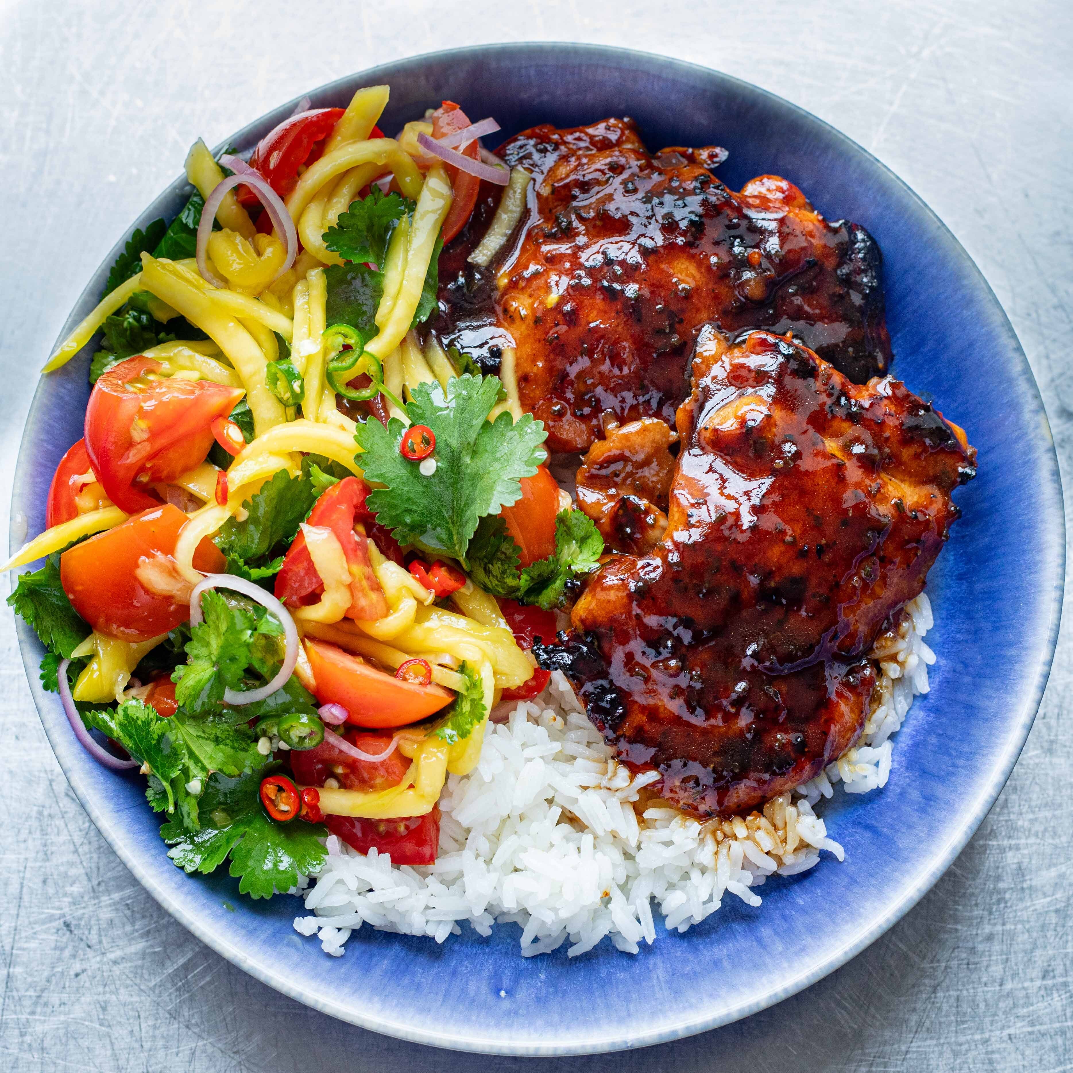 Caramelised Coconut Chicken With Zingy Herby Mango Salad