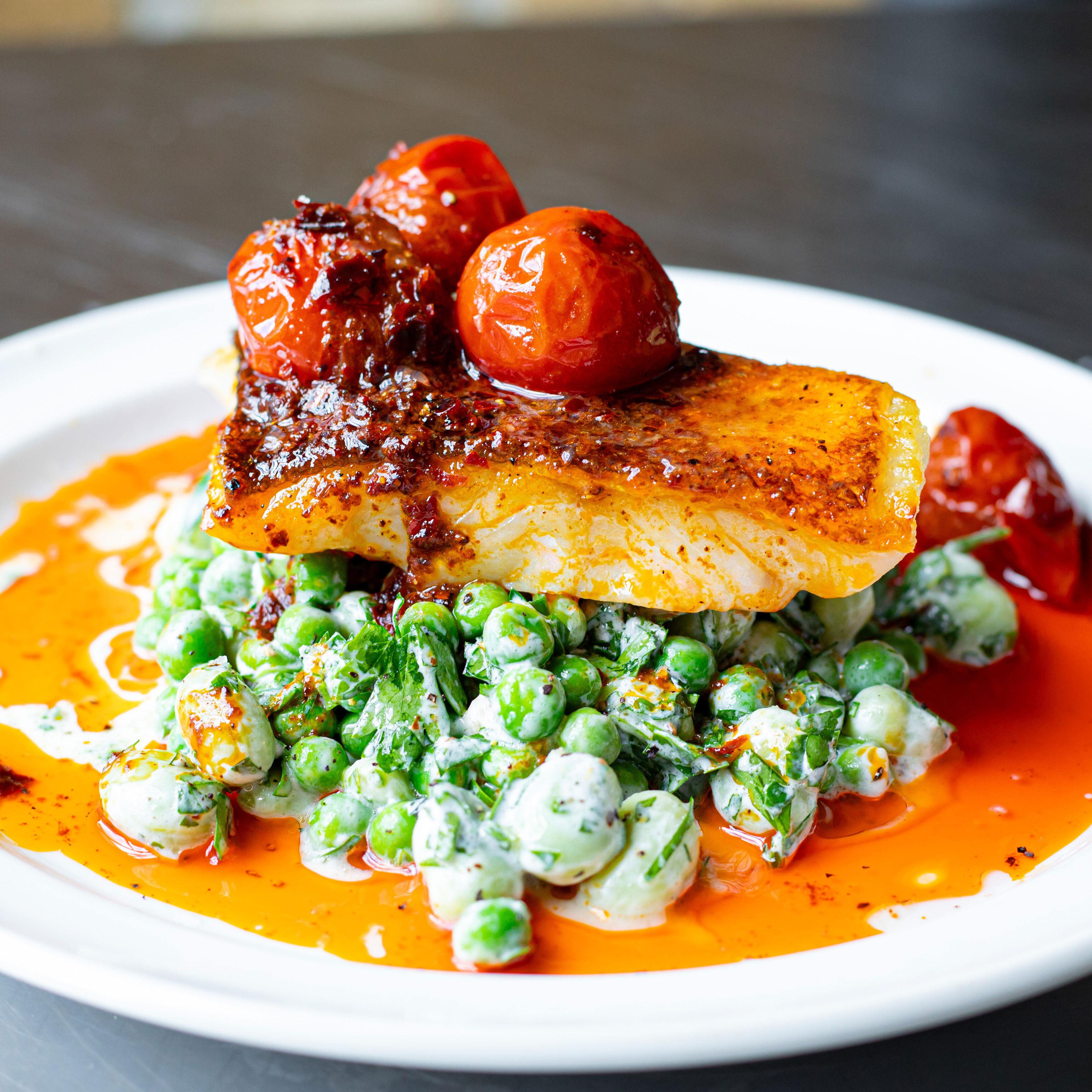 Cod with Yoghurt Peas Harissa Butter