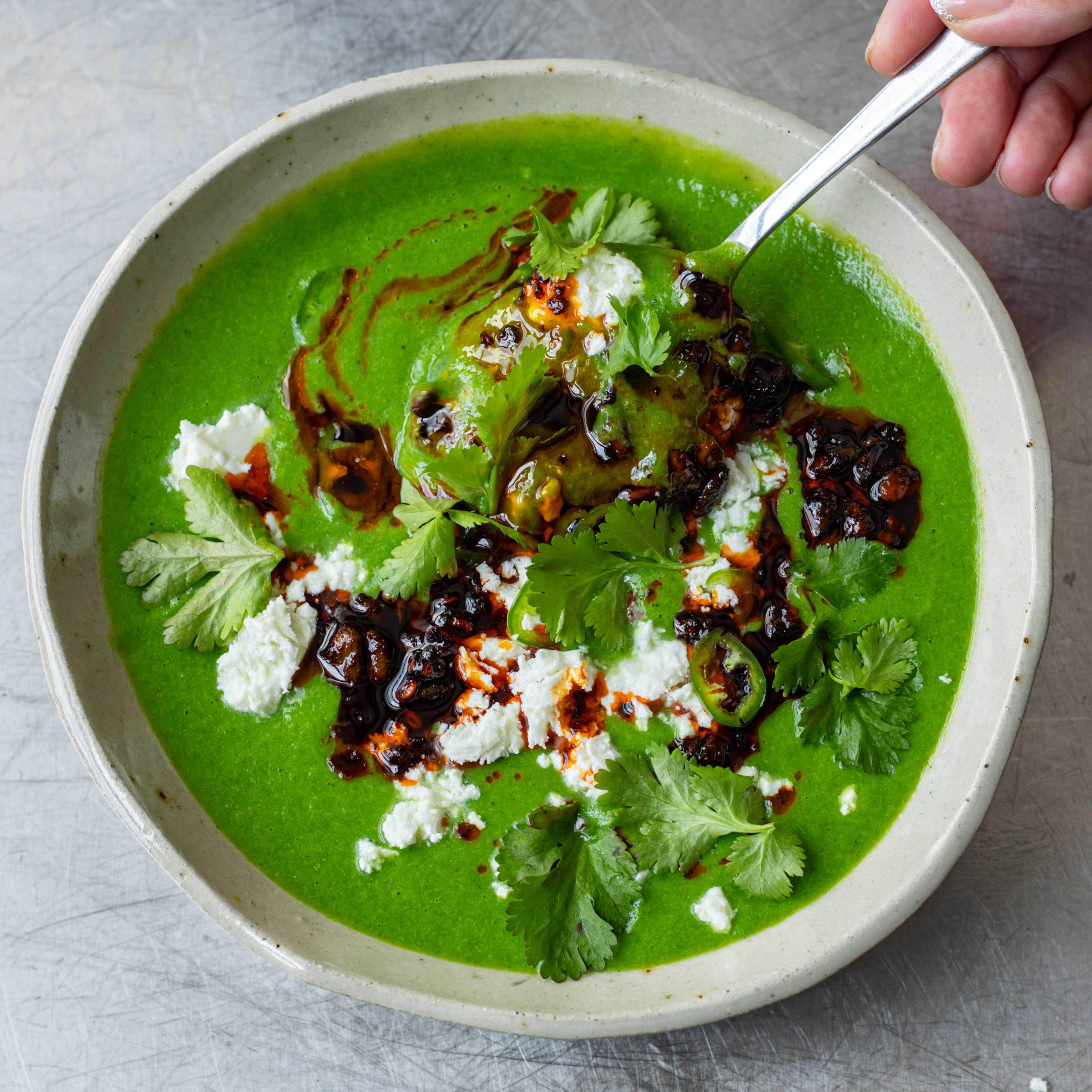 Green Gazpacho with Chipotle Seed Drizzle