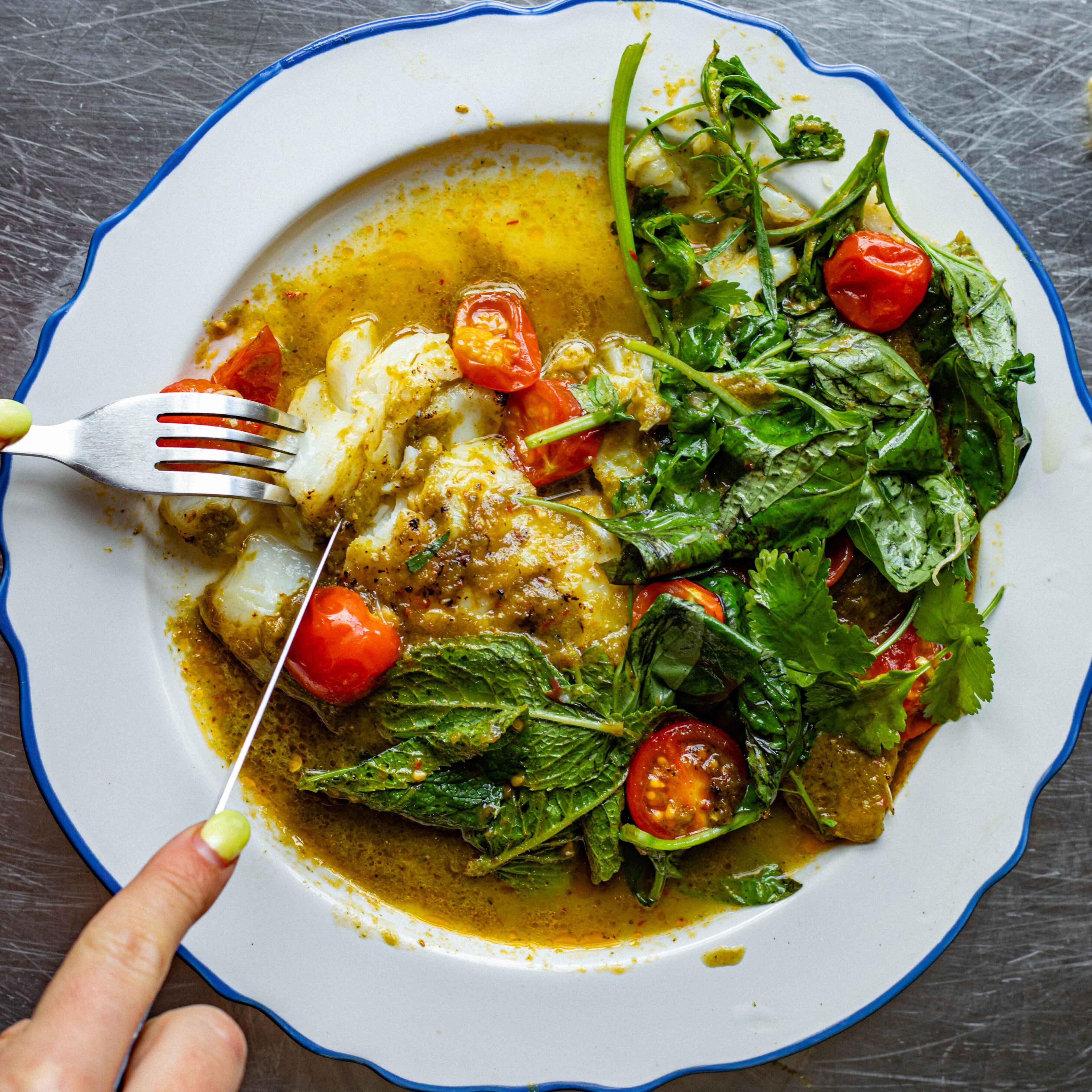 Grilled Cod in Green Curry Butter With Herby Tomatoes Garlic Rice