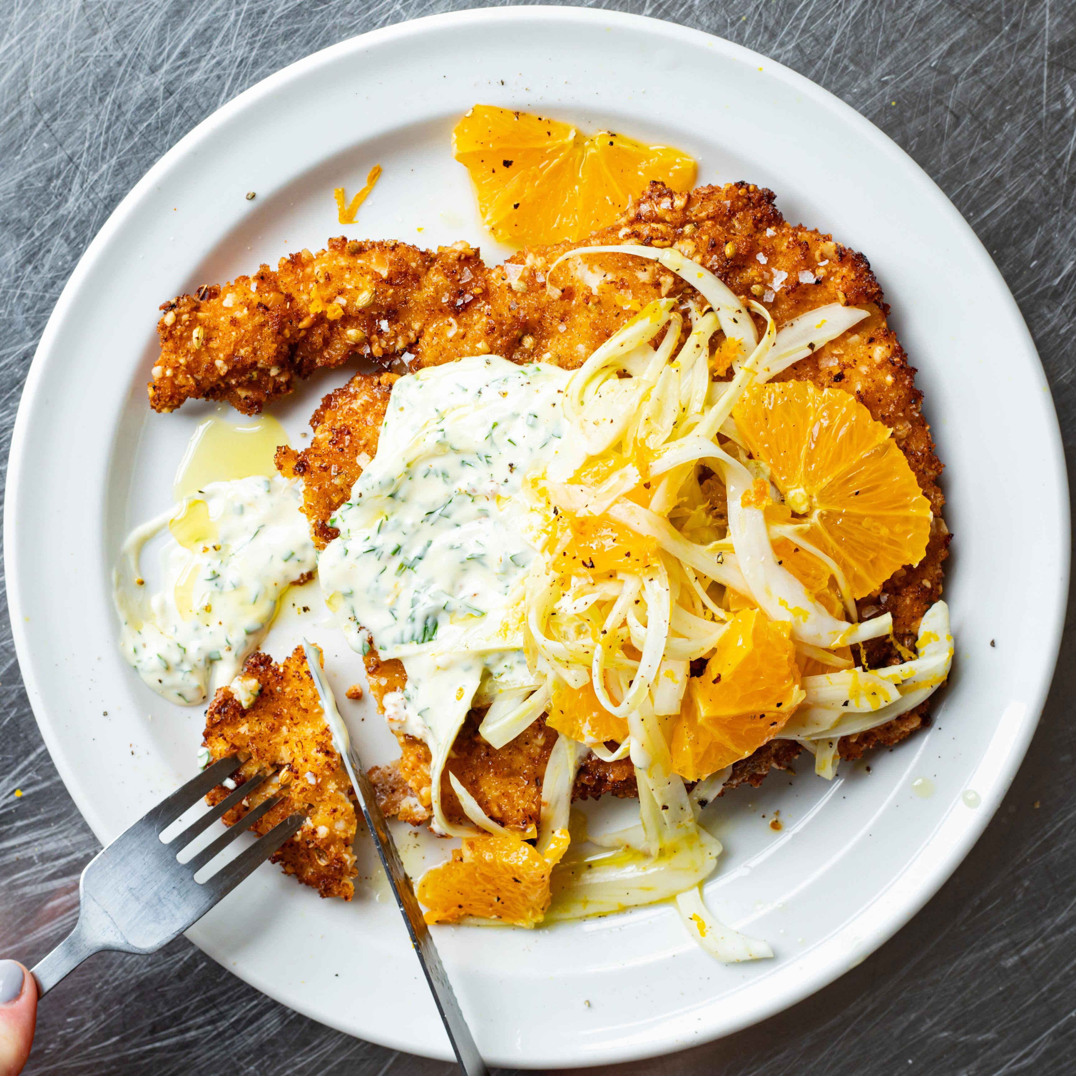 Hazelnut Spiced Chicken Schnitzel With Pickled Oranges Fennel