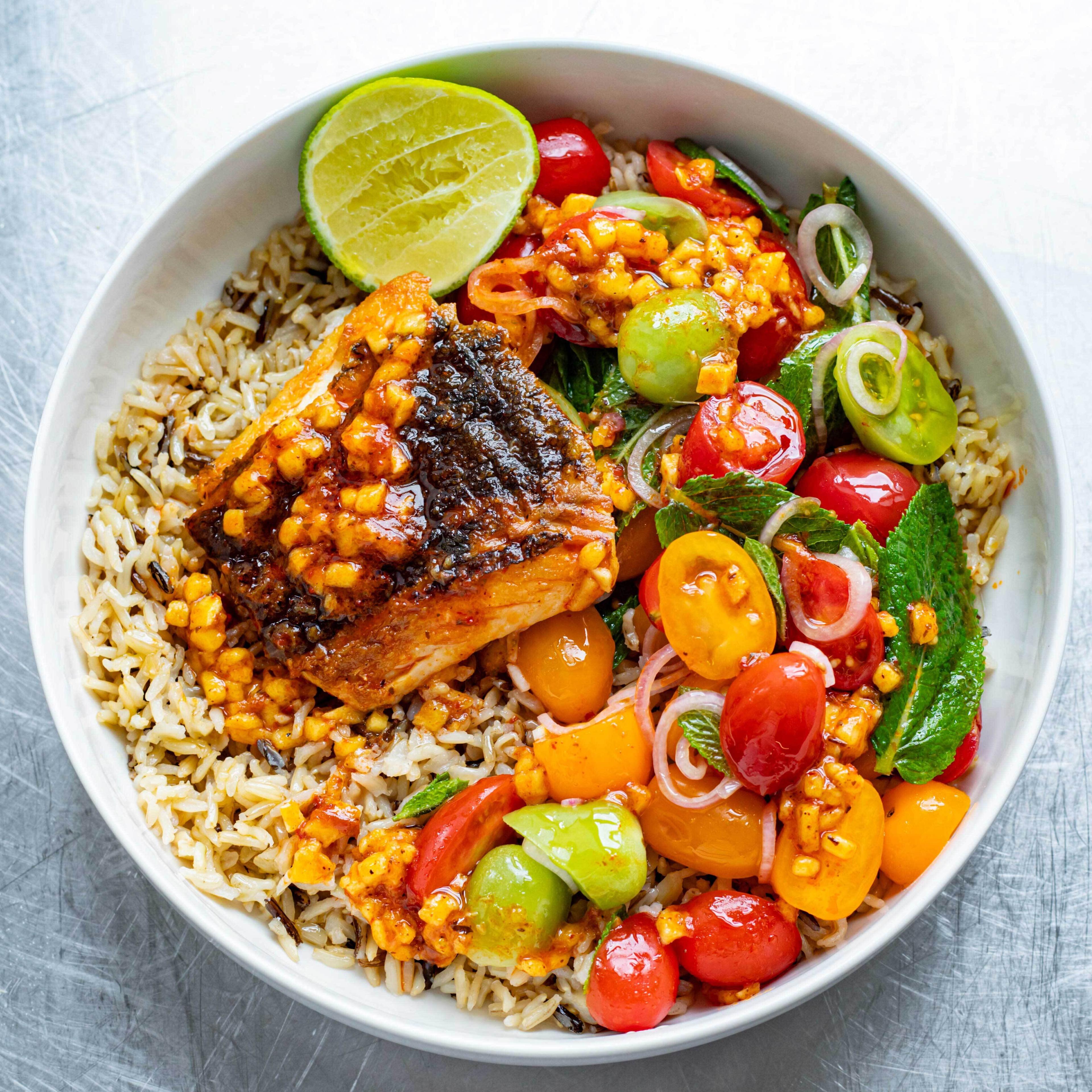 Mango Harissa Fish Minty Tomato Bowl