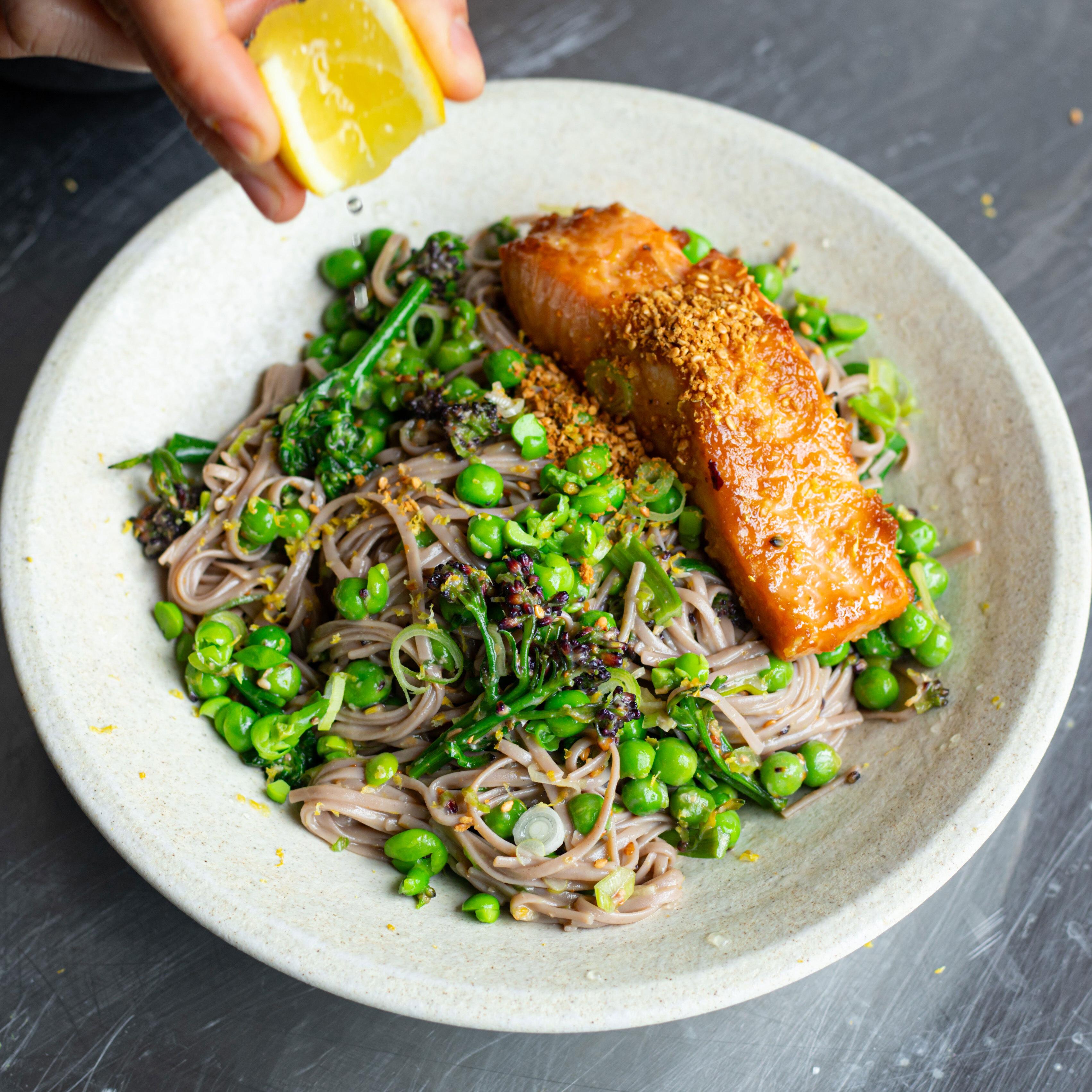 Miso Salmon Spring Green Noodle Salad