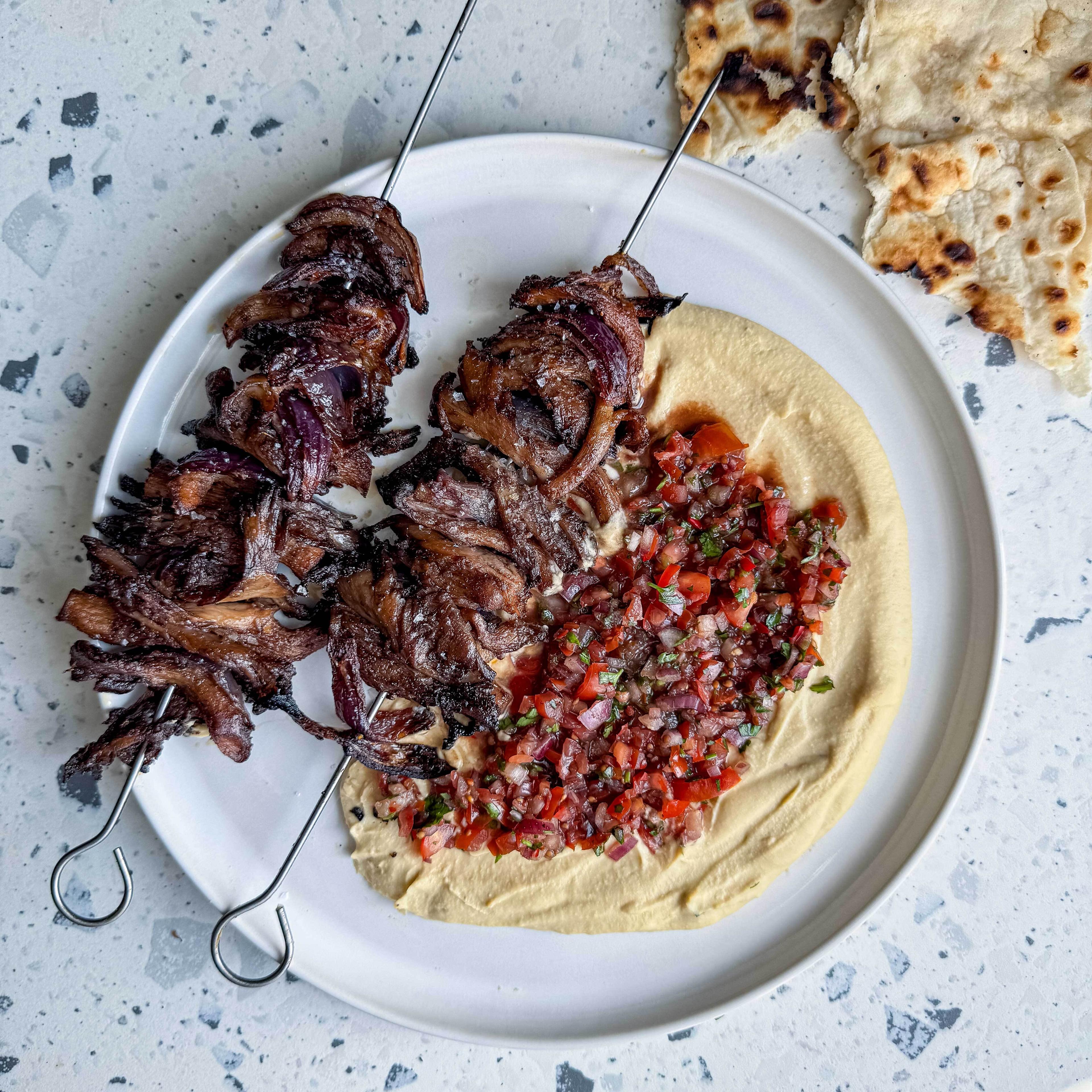 Mushroom Skewers with Ezme Hummus