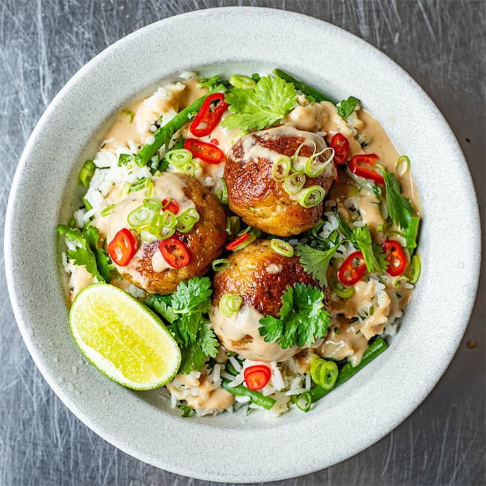 Thai Red Chicken Meatballs with Peanut Sauce