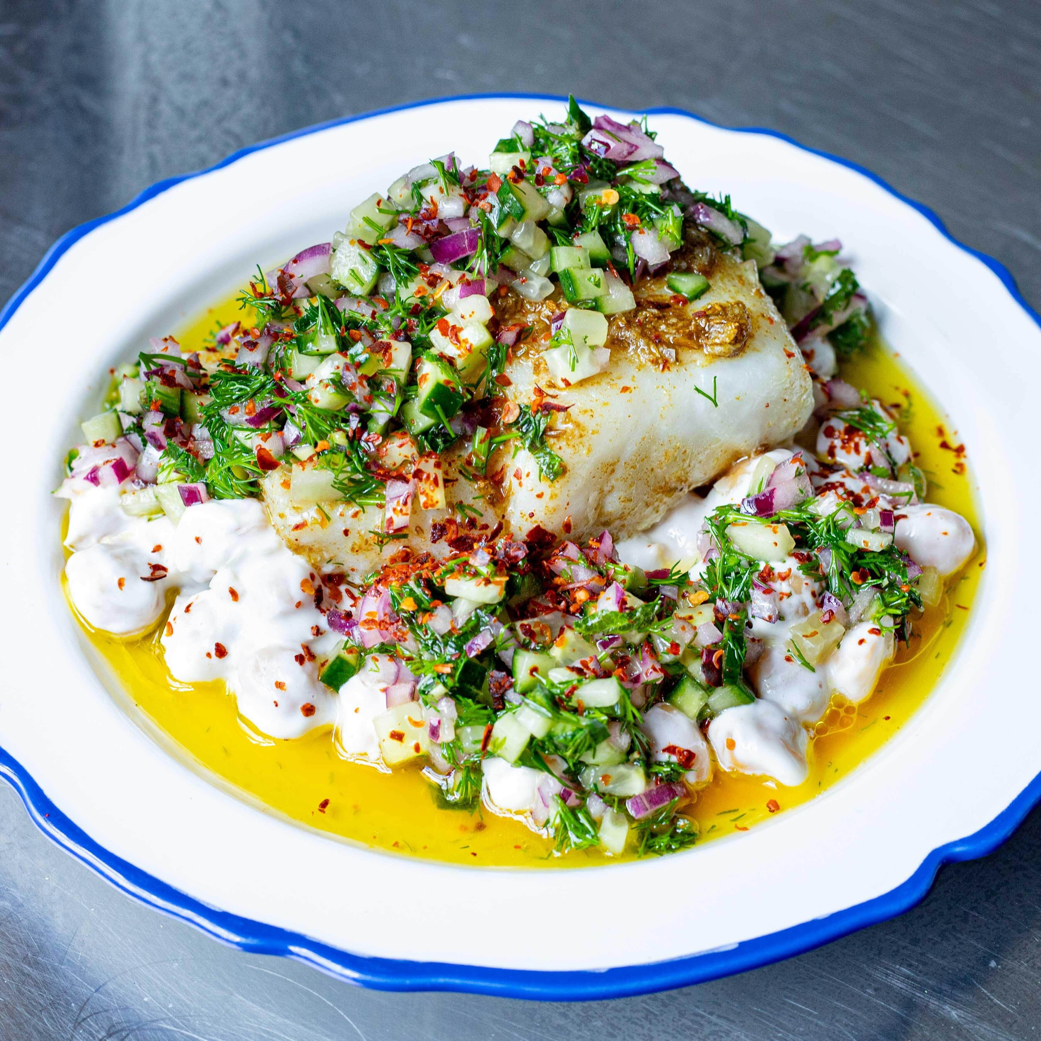 Baked Cumin Cod with Labneh Chickpeas