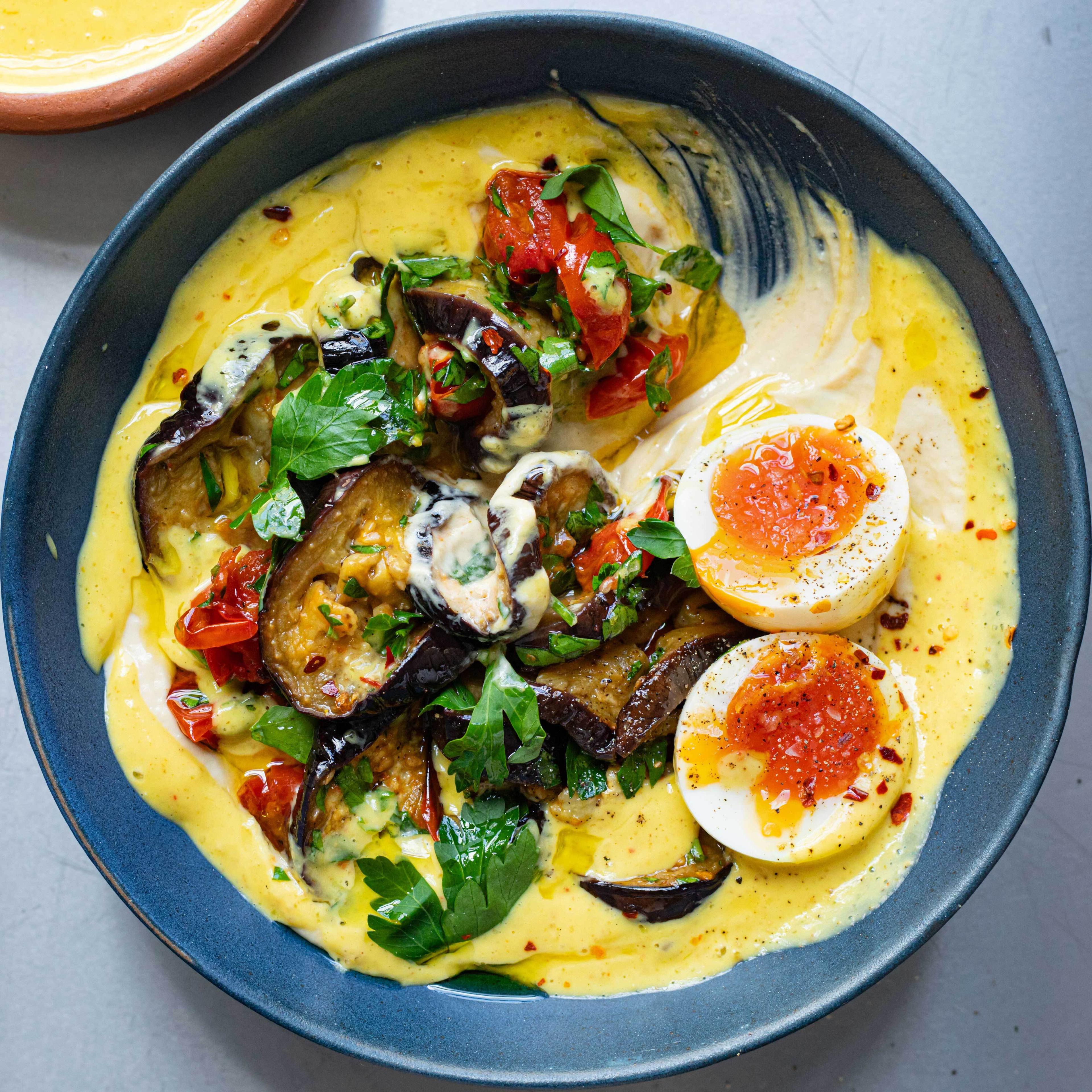 Aubergine Hummus Bowl with Cheats Amba Sauce