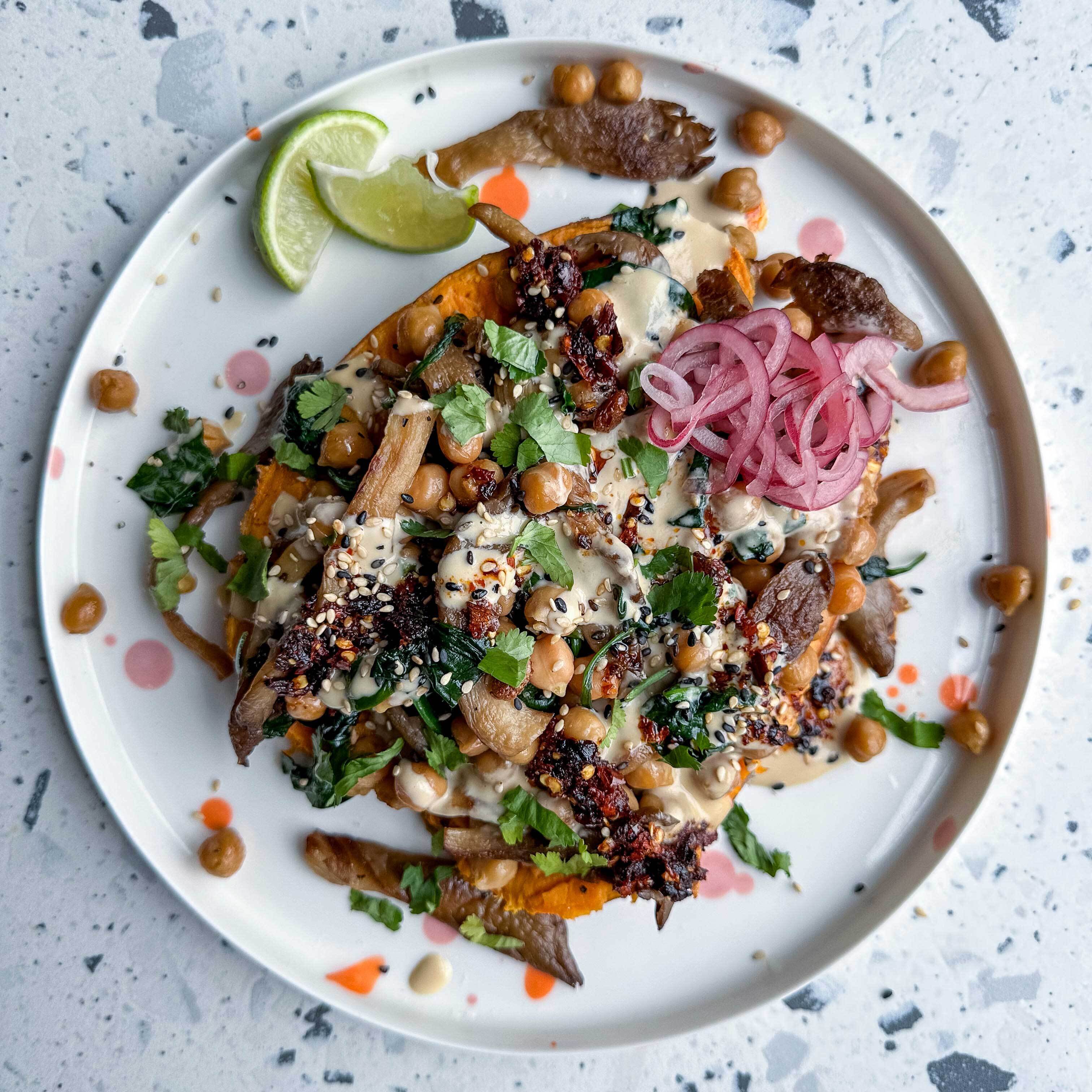 Baked Sweet Potato with Mushrooms Soy Lime Tahini Drizzle