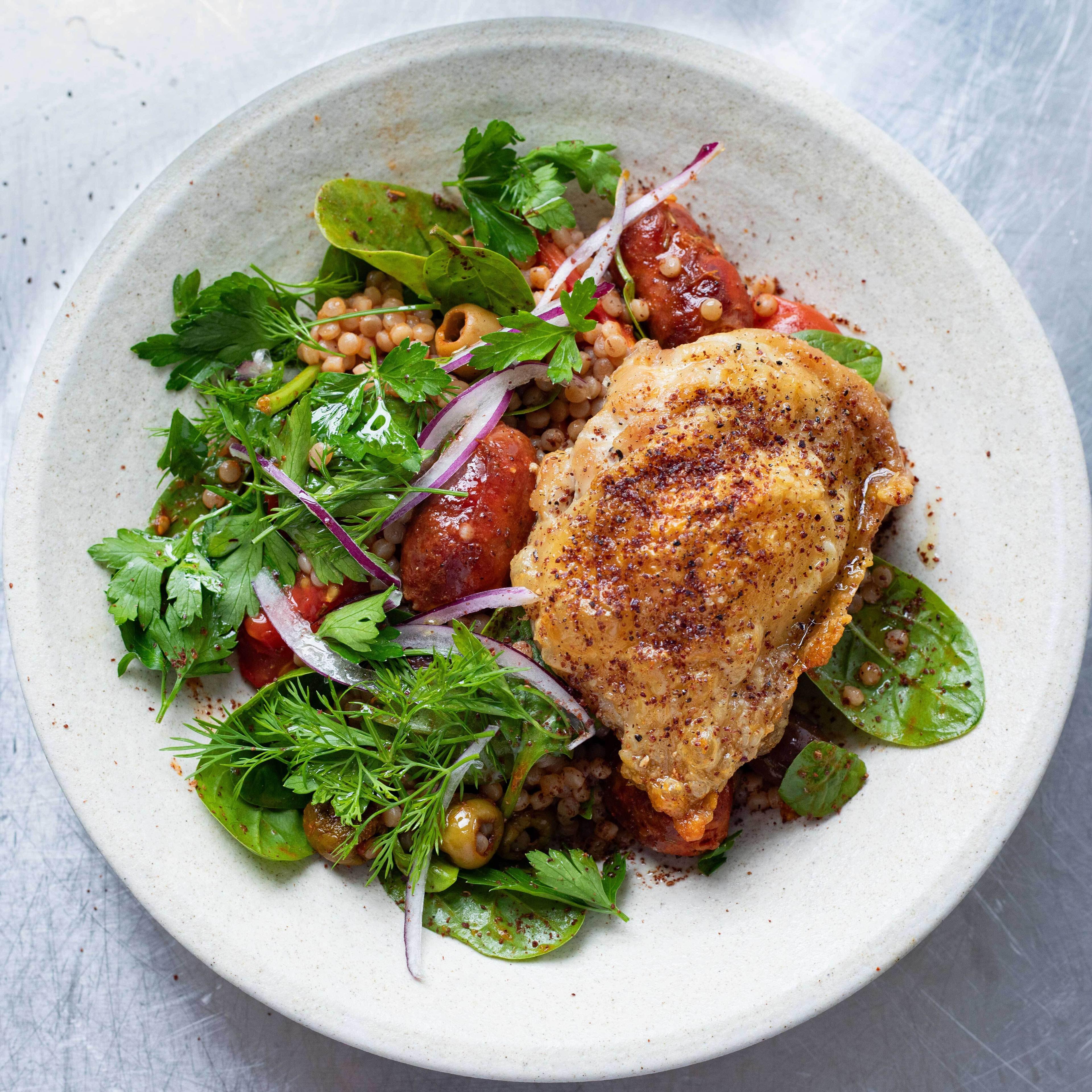 Chicken Chorizo Giant Couscous with Herb Salad