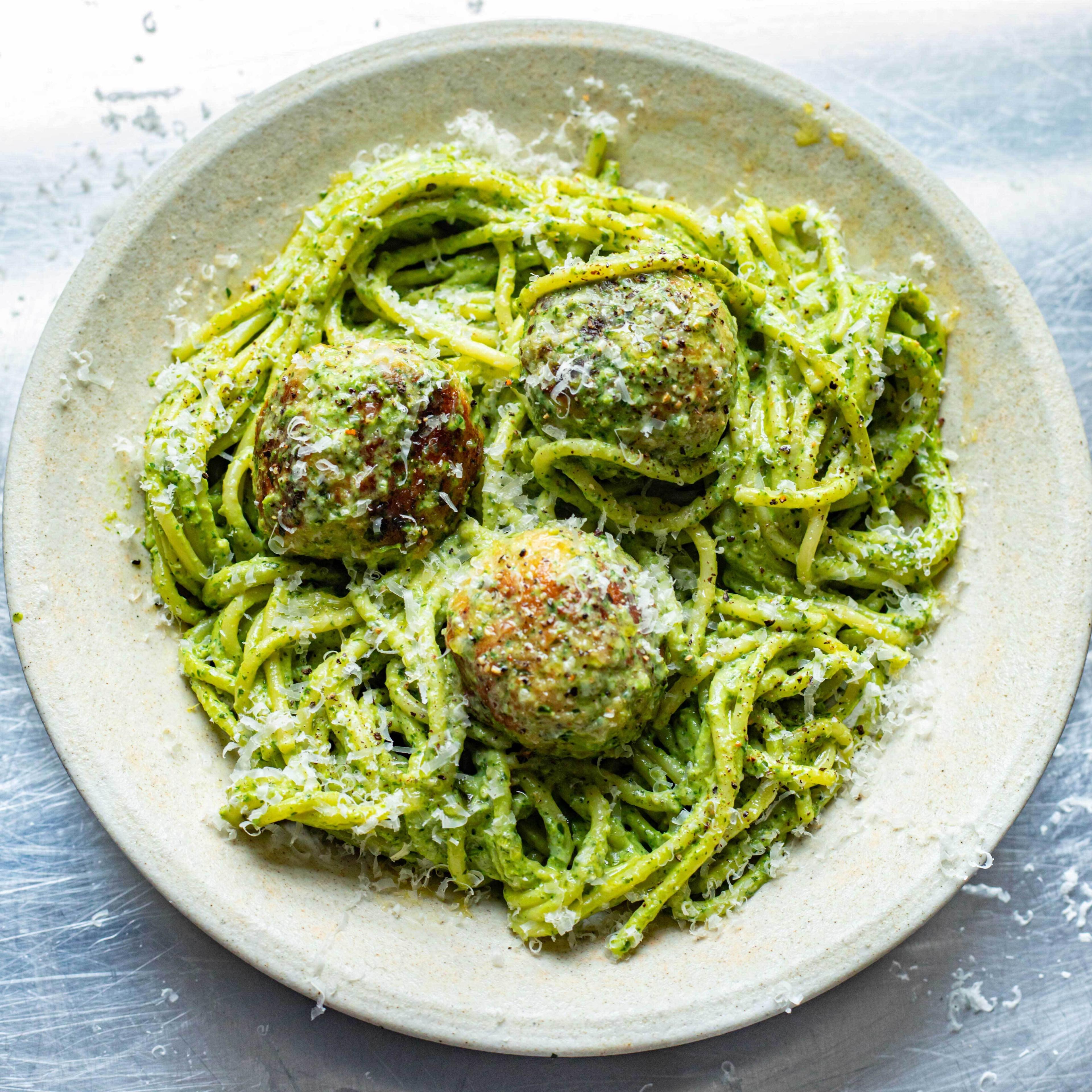 Chicken Ricotta Meatballs With Green Spaghetti