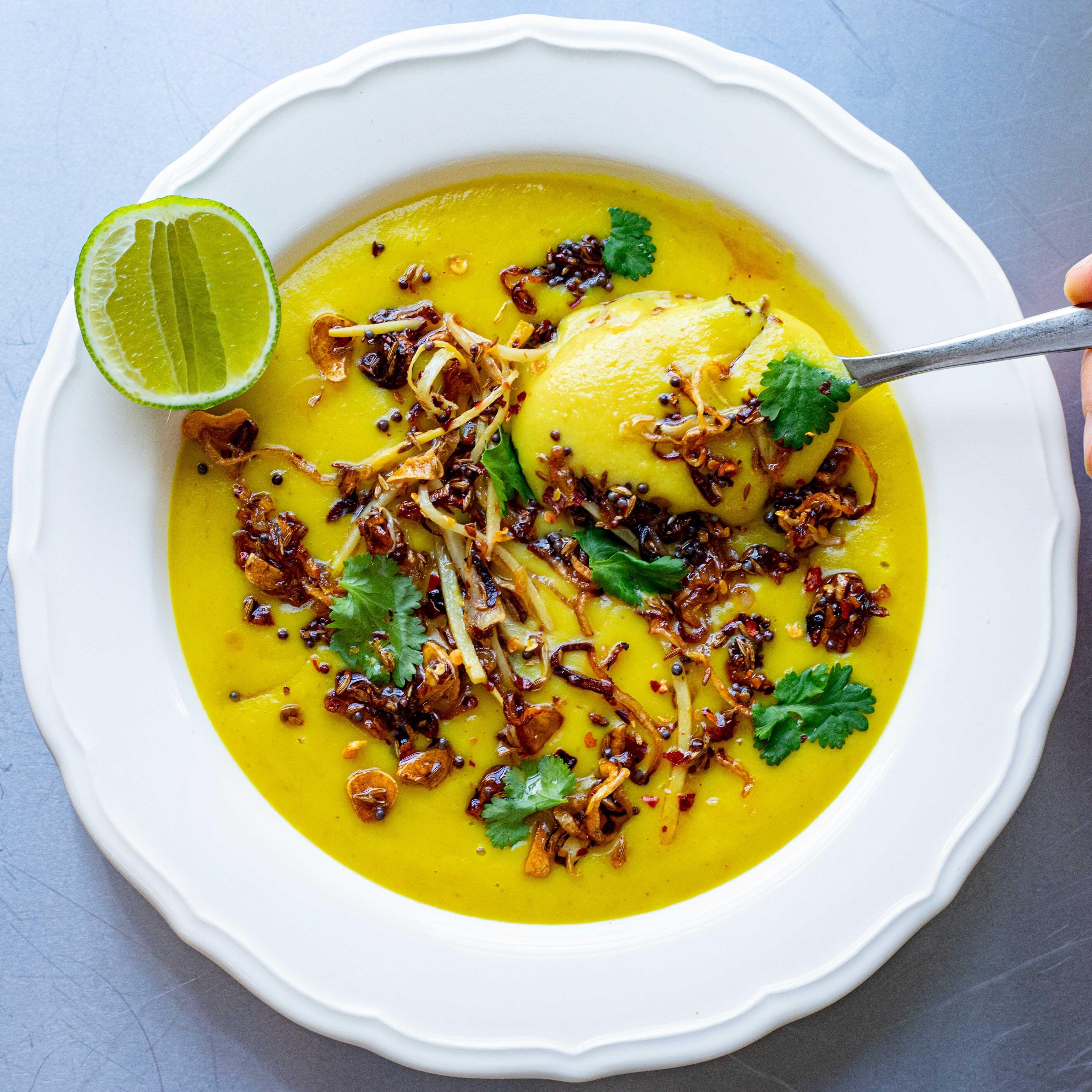 Curried Parsnip Soup Recipe with Crispy Garlic Topper