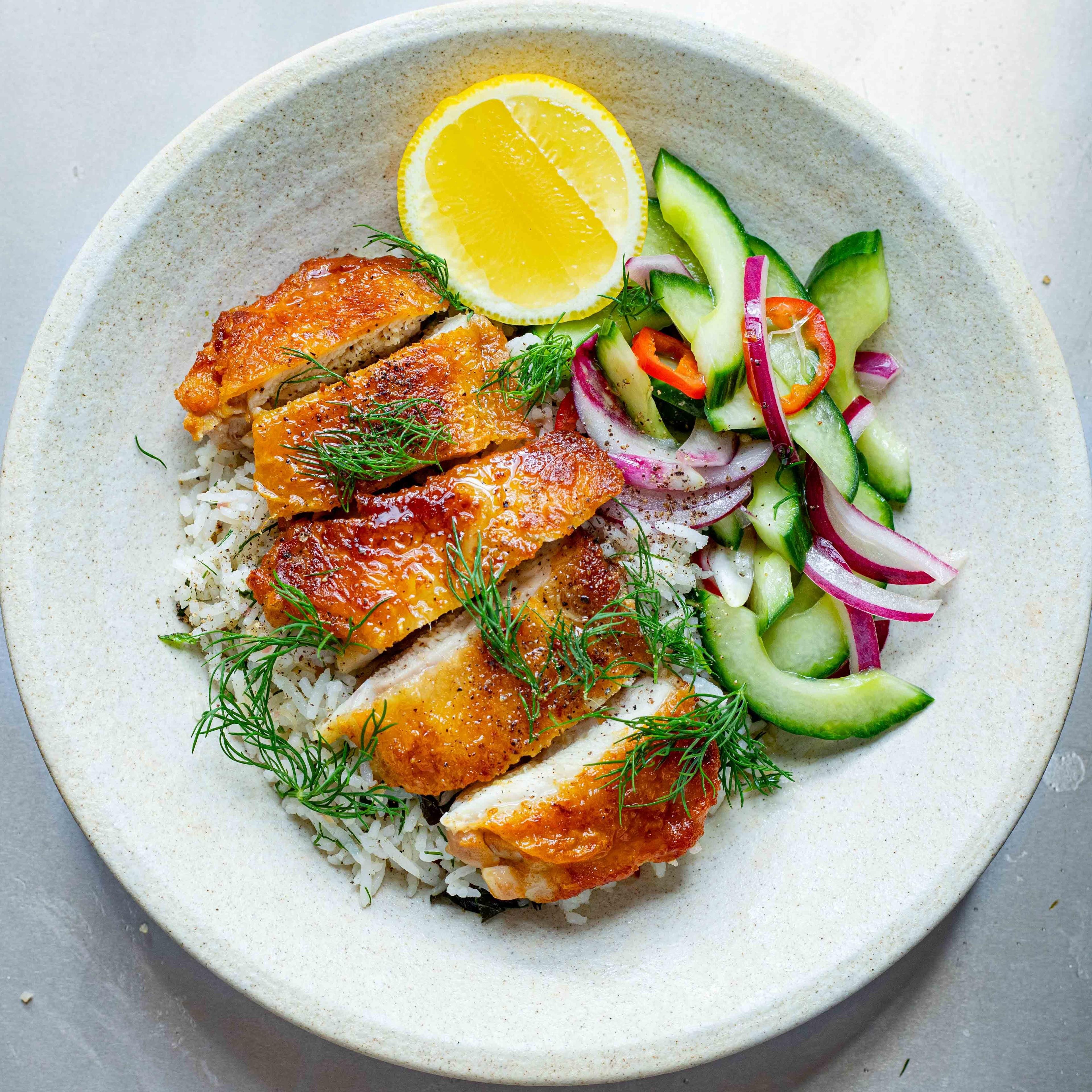 Pan Roasted Chicken Thighs with Herby Rice Pickled Salad