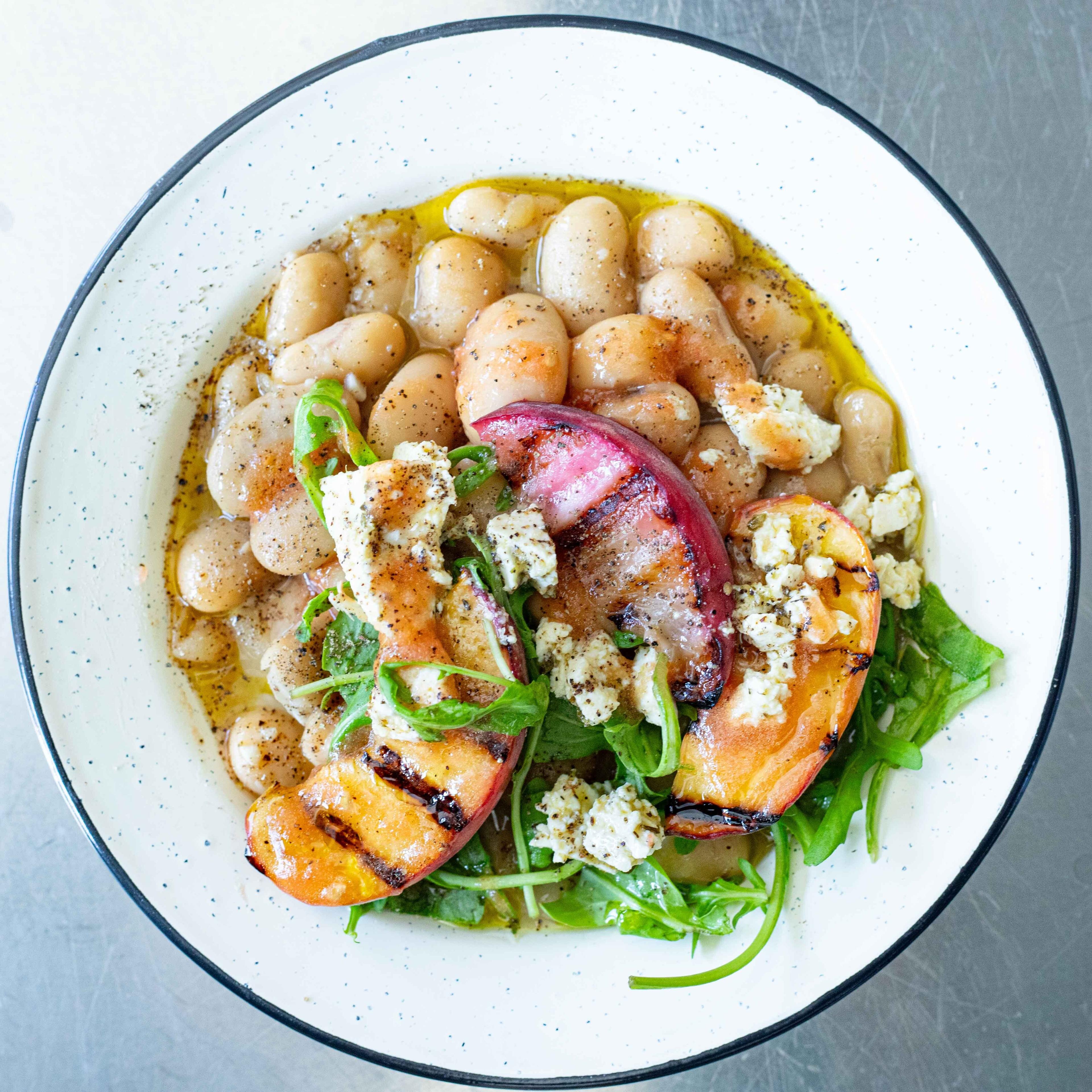 Rosemary Butter Beans with Grilled Peaches Tofu Feta Rocket