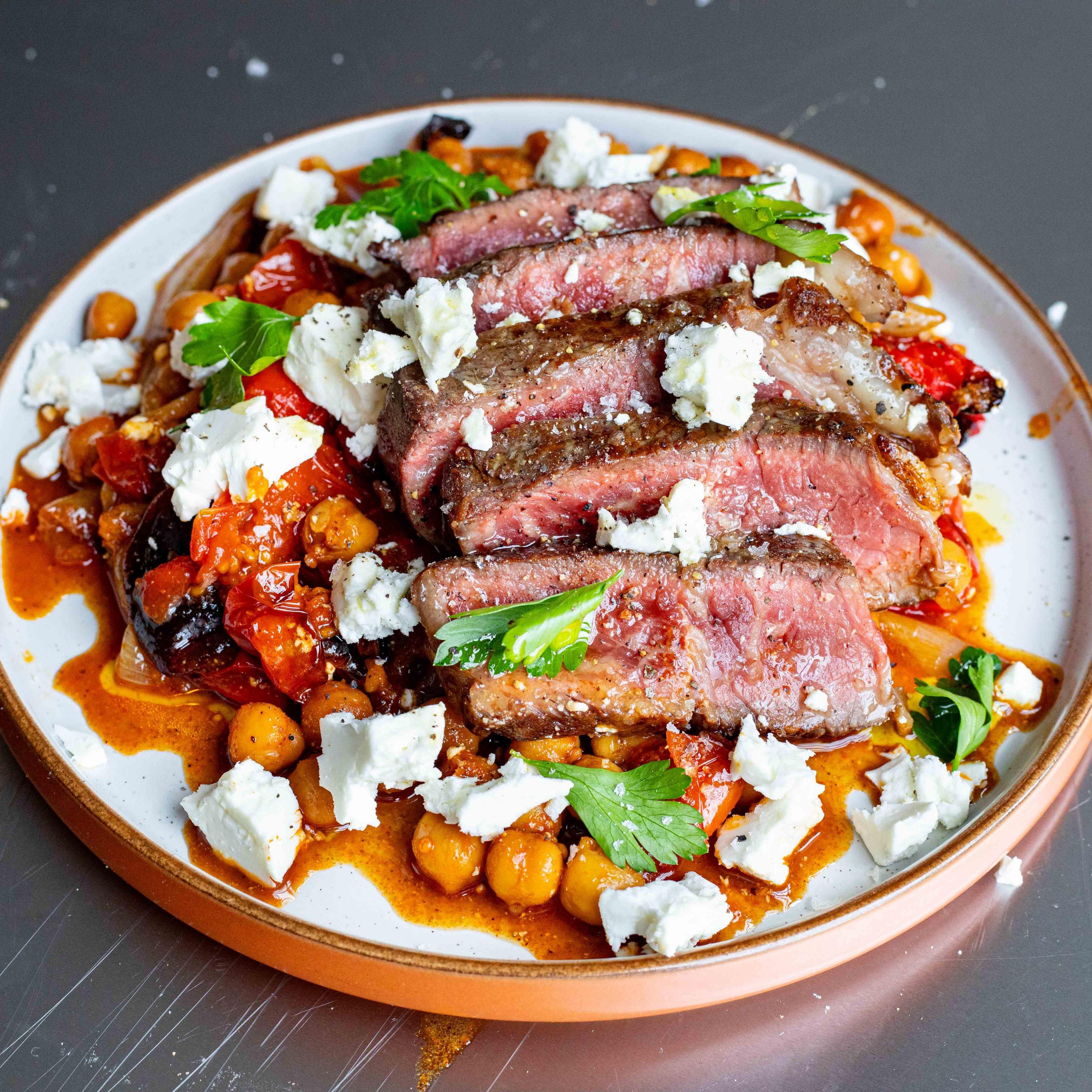 Steak With Roasted Peppers Chickpeas Feta