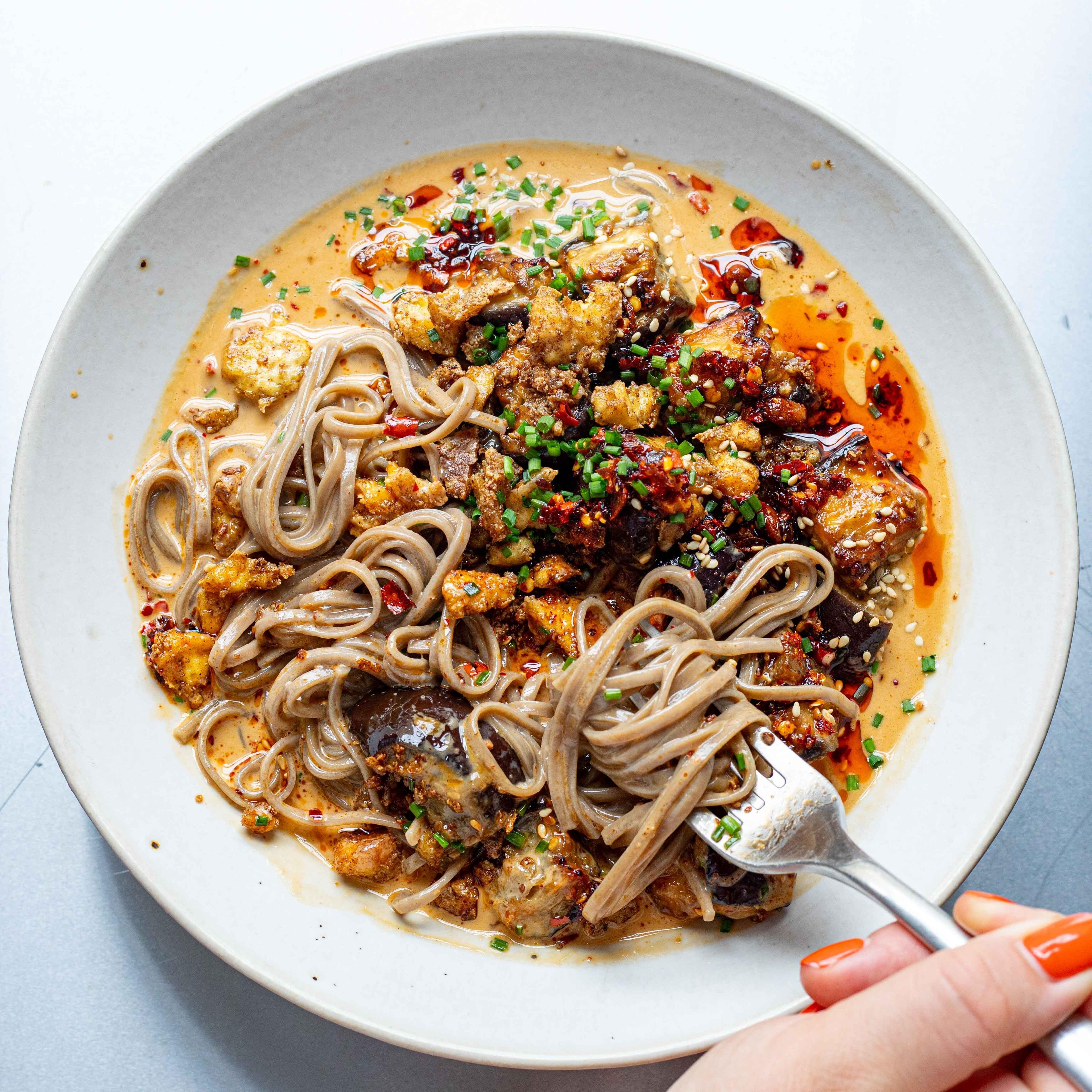 Tahini Soba Noodle Soup with Miso Aubergine