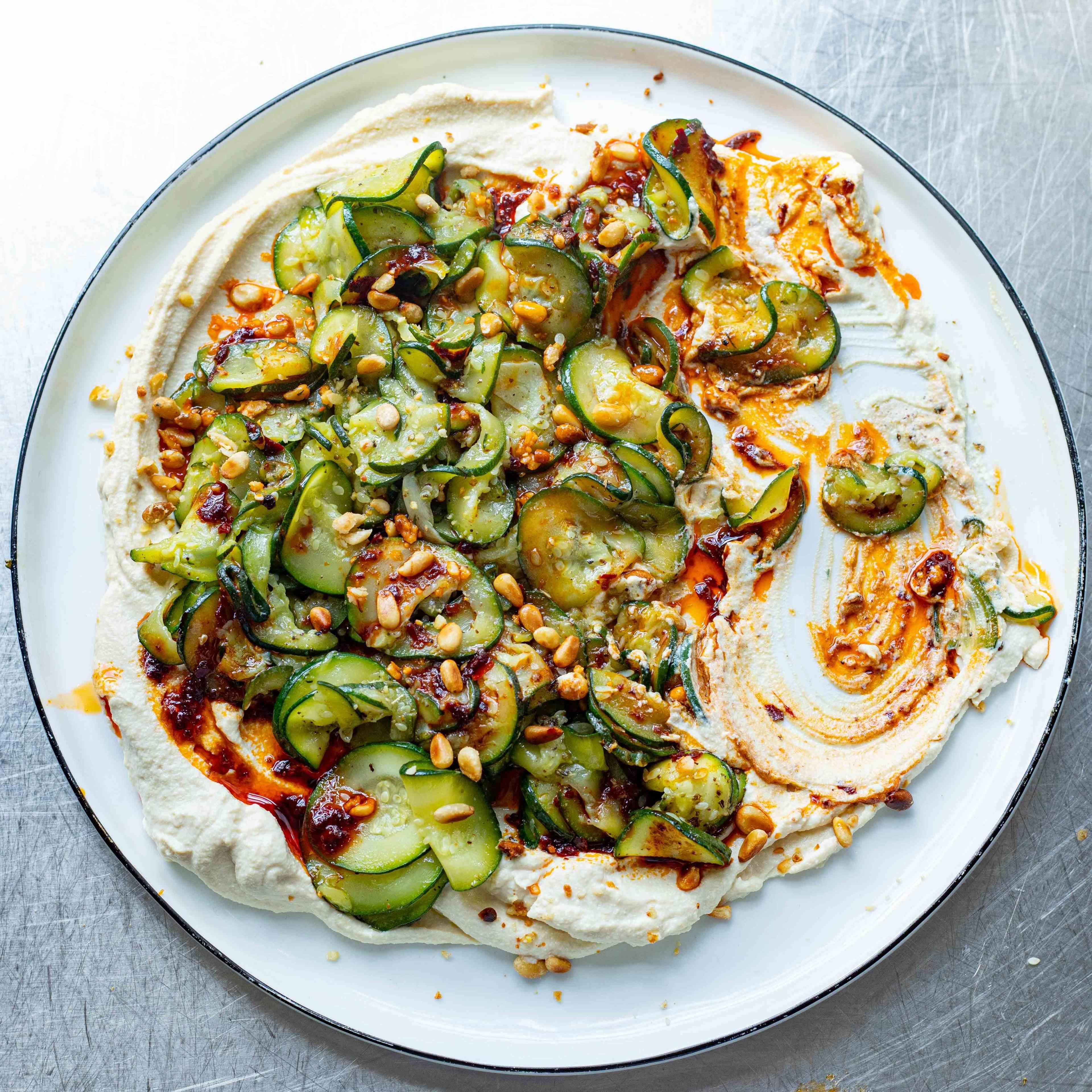 Caramelised Courgettes on Whipped Tofu with Harissa Pomegranate Drizzle