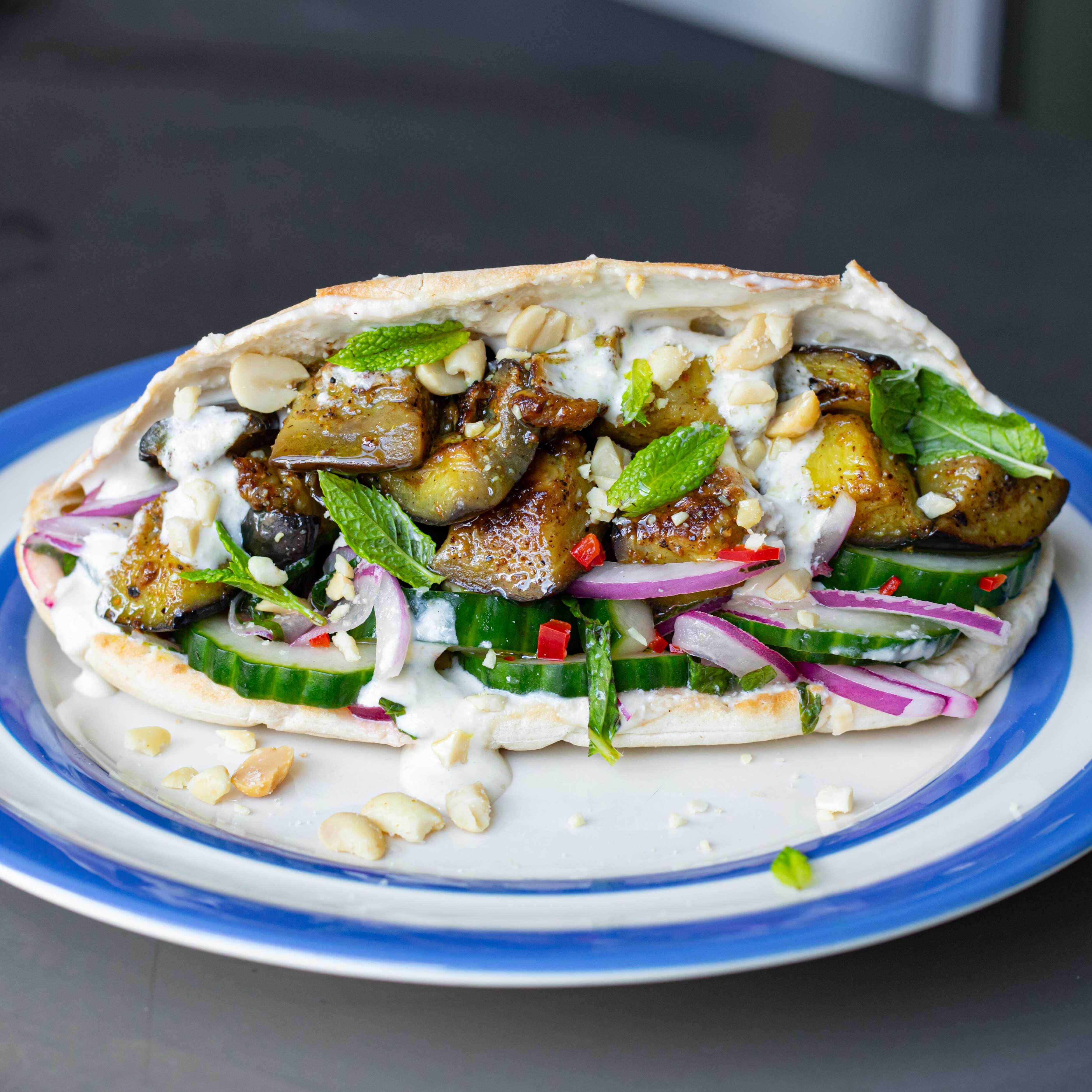 Spicy Aubergine Pitta with Peanut Dressing