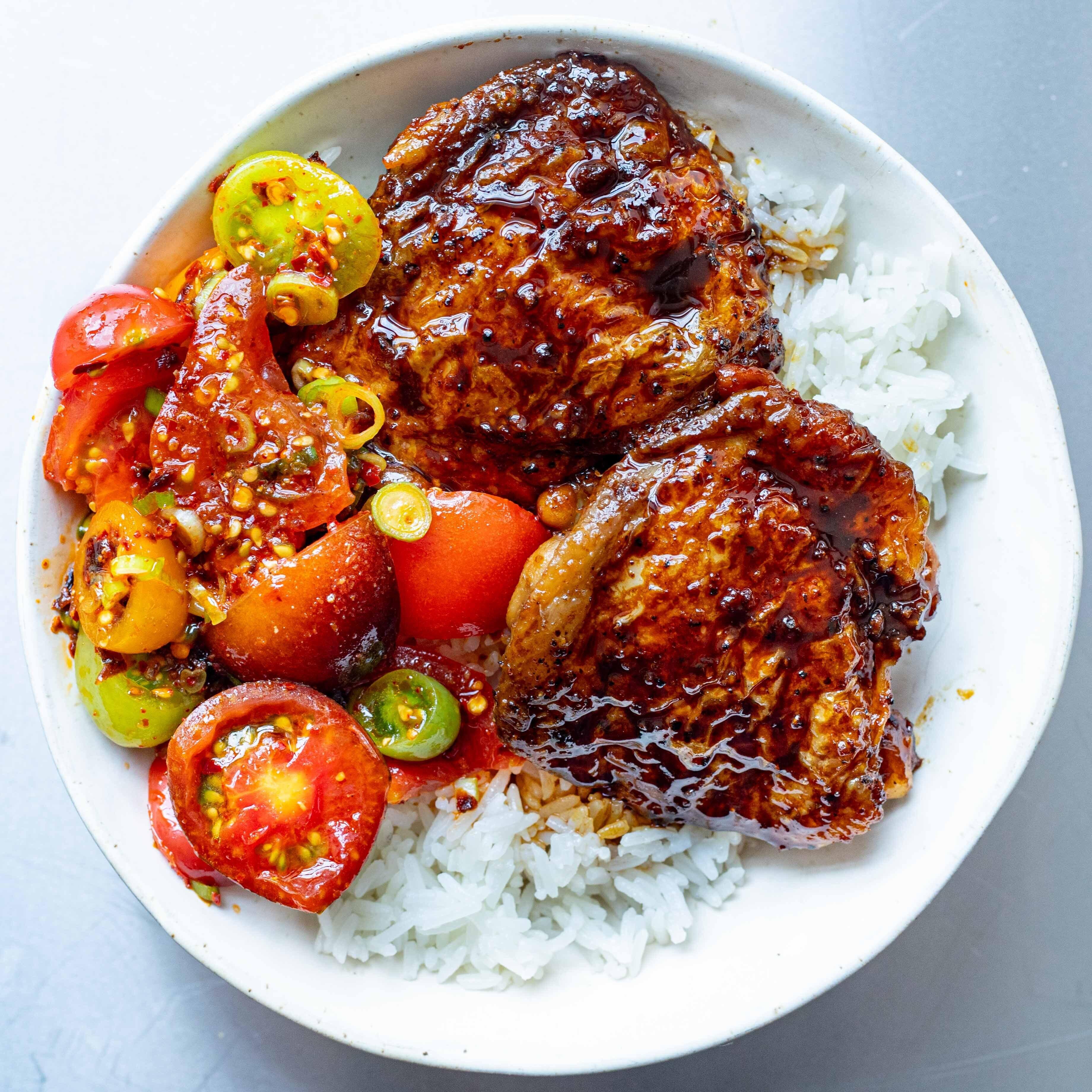 Sticky Soy Chicken Chilli Crisp Tomatoes