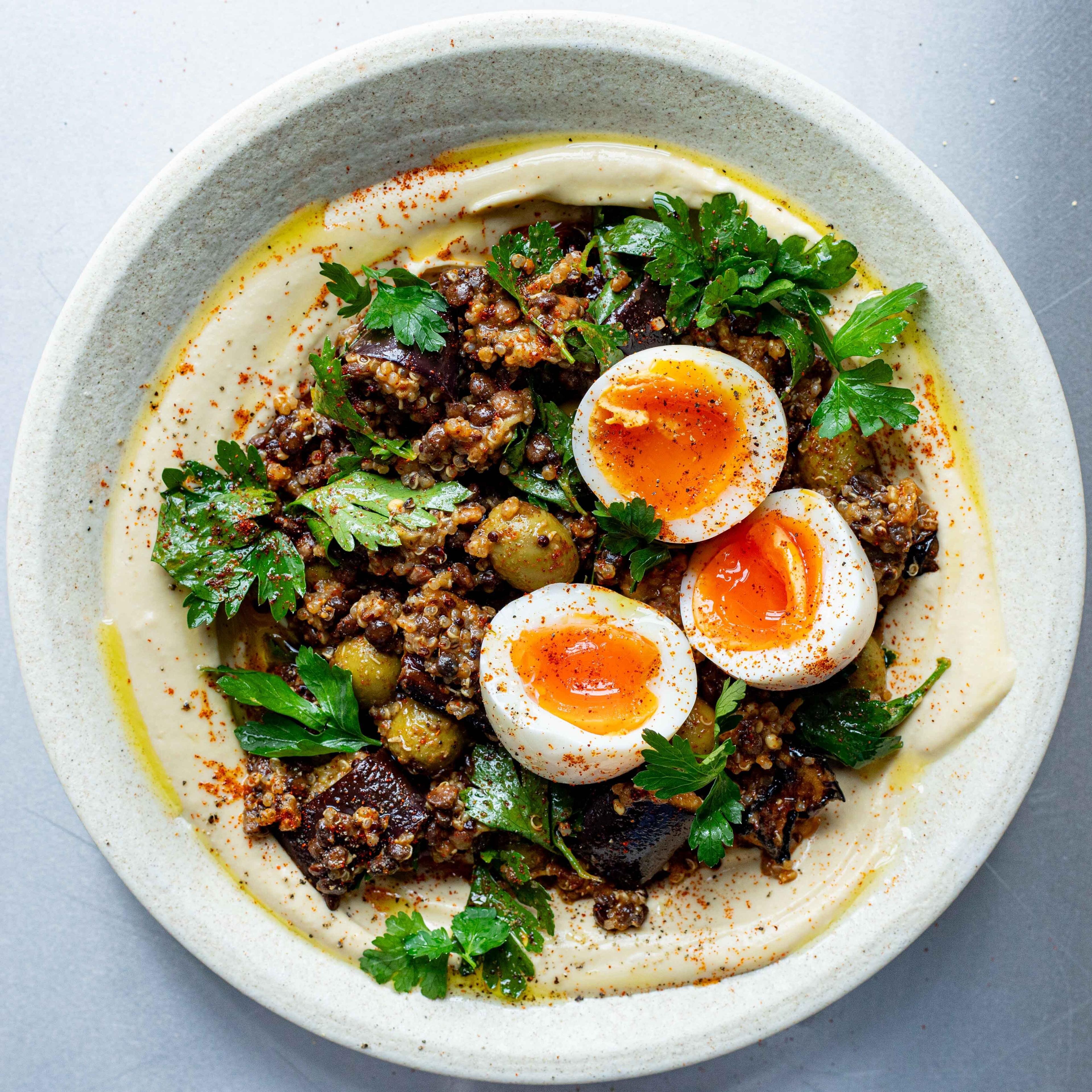 Big Lentil Salad Bowl With Aubergine Dip Recipe