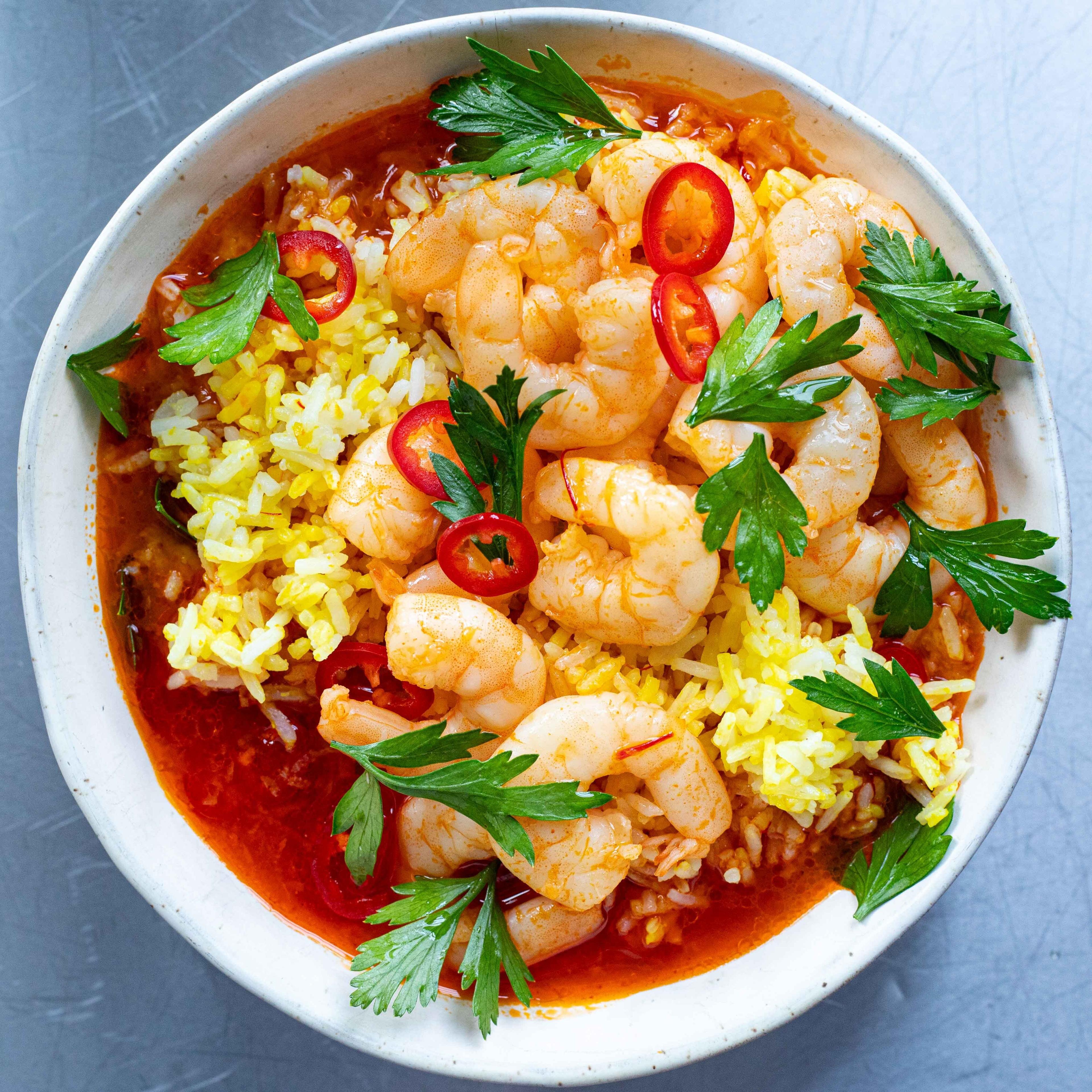 Brothy Smoky Pepper Prawns With Saffron Rice