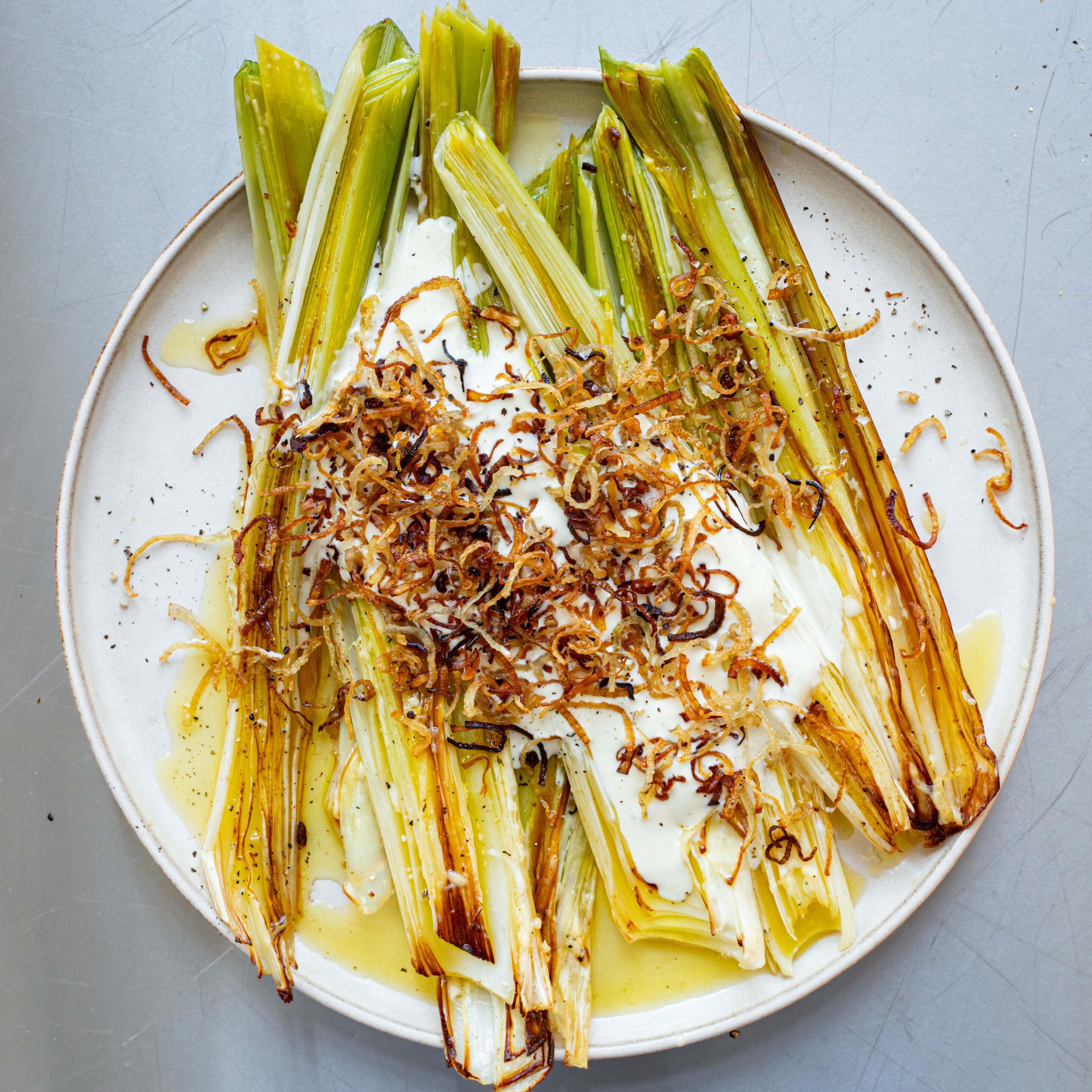 Butter Poached Leeks with Parmesan Foam Crispy Shallots