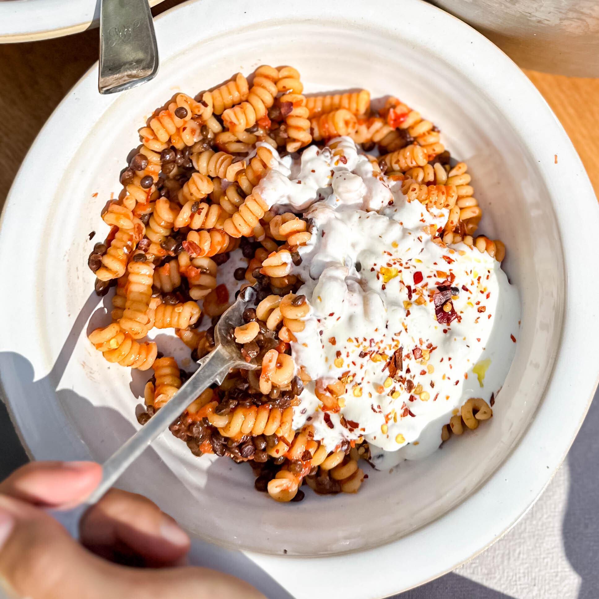 Chilli Tomato Butter Pasta with Lentils Whipped Ricotta