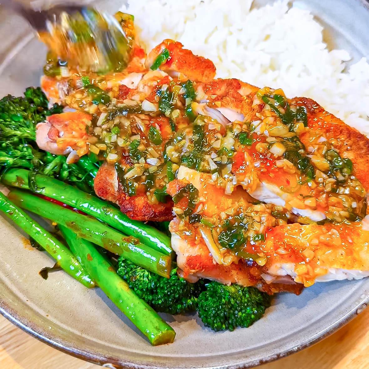 Crispy Garlic Chicken with Lime Chilli Broccoli and Rice