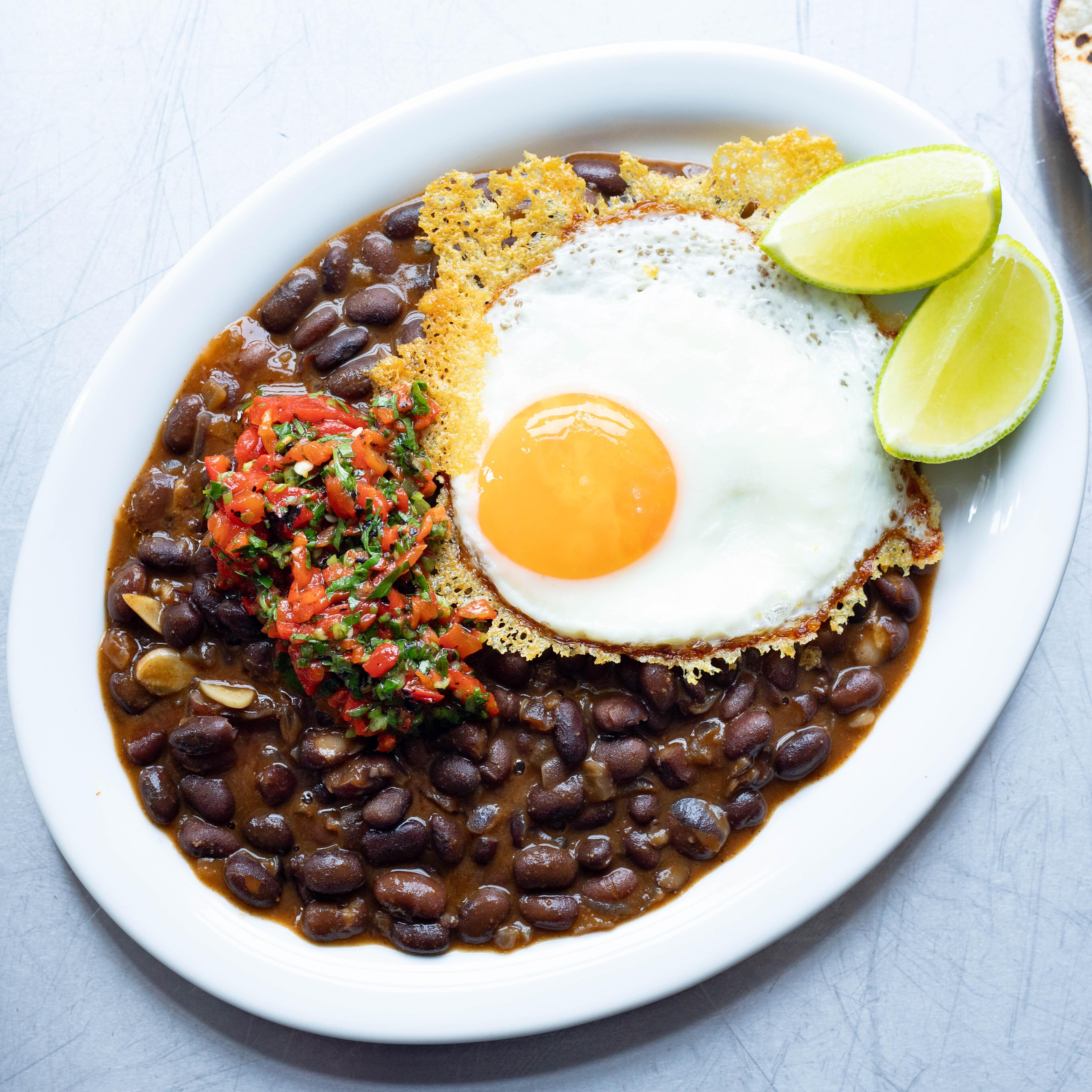 Crispy Parmesan Eggs with Black Beans Tortillas