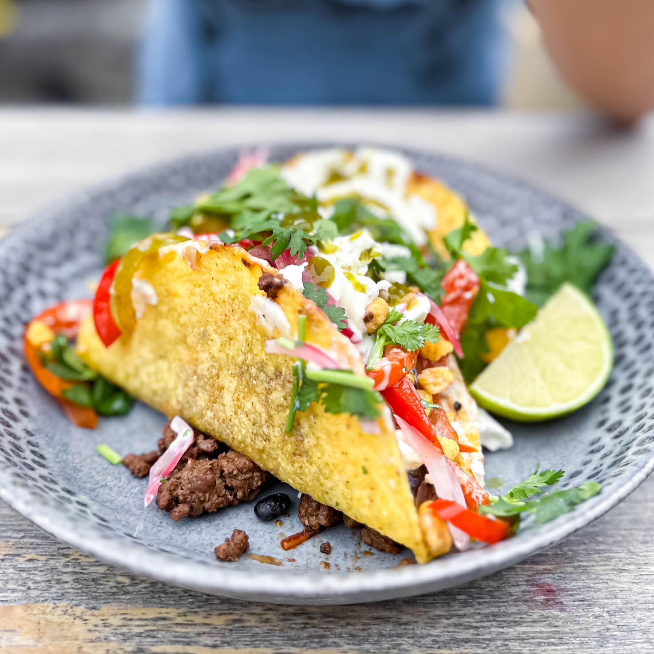 Crunchy Tacos with Pasilla Beef Black Bean Chilli