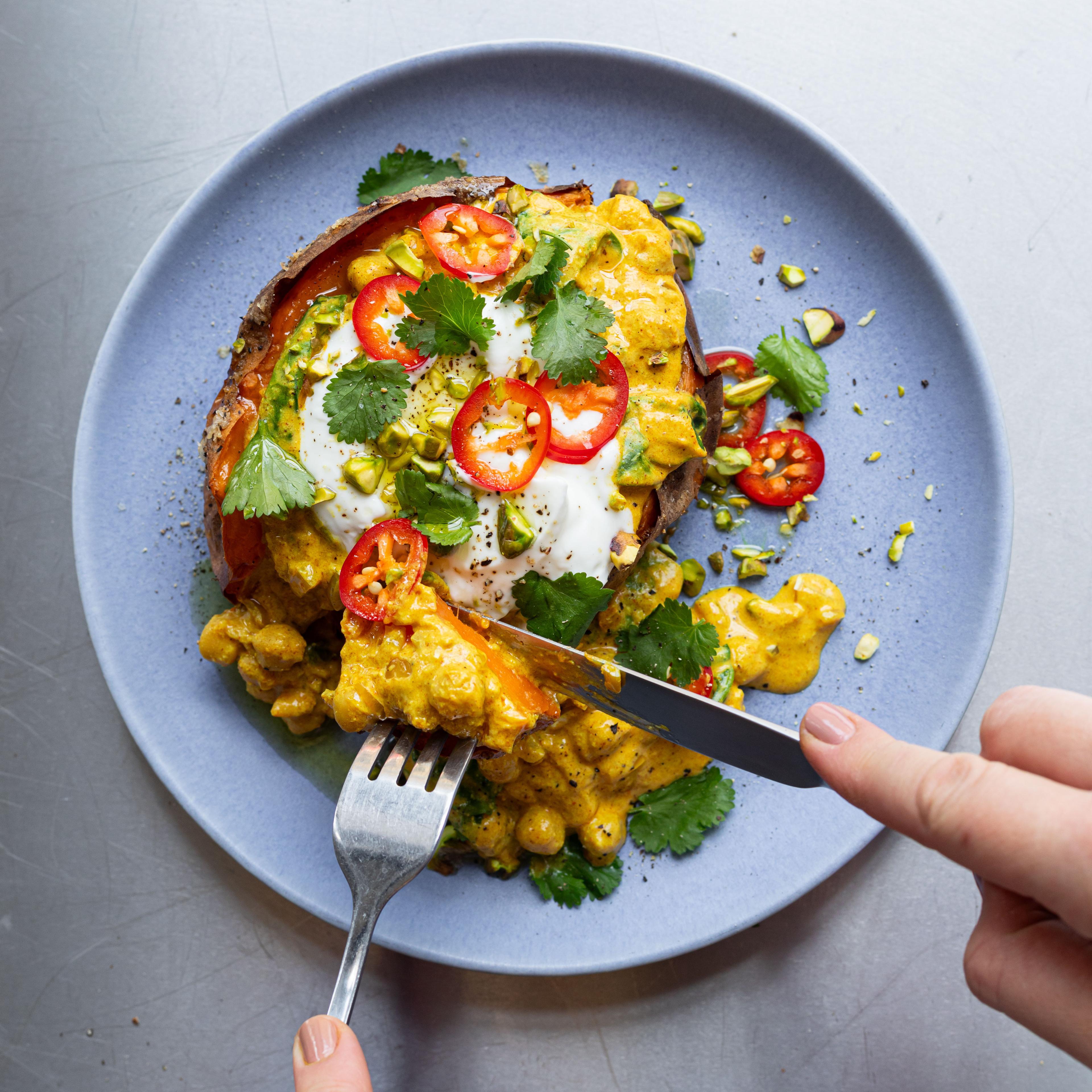 Curried Chickpeas Loaded Sweet Potato