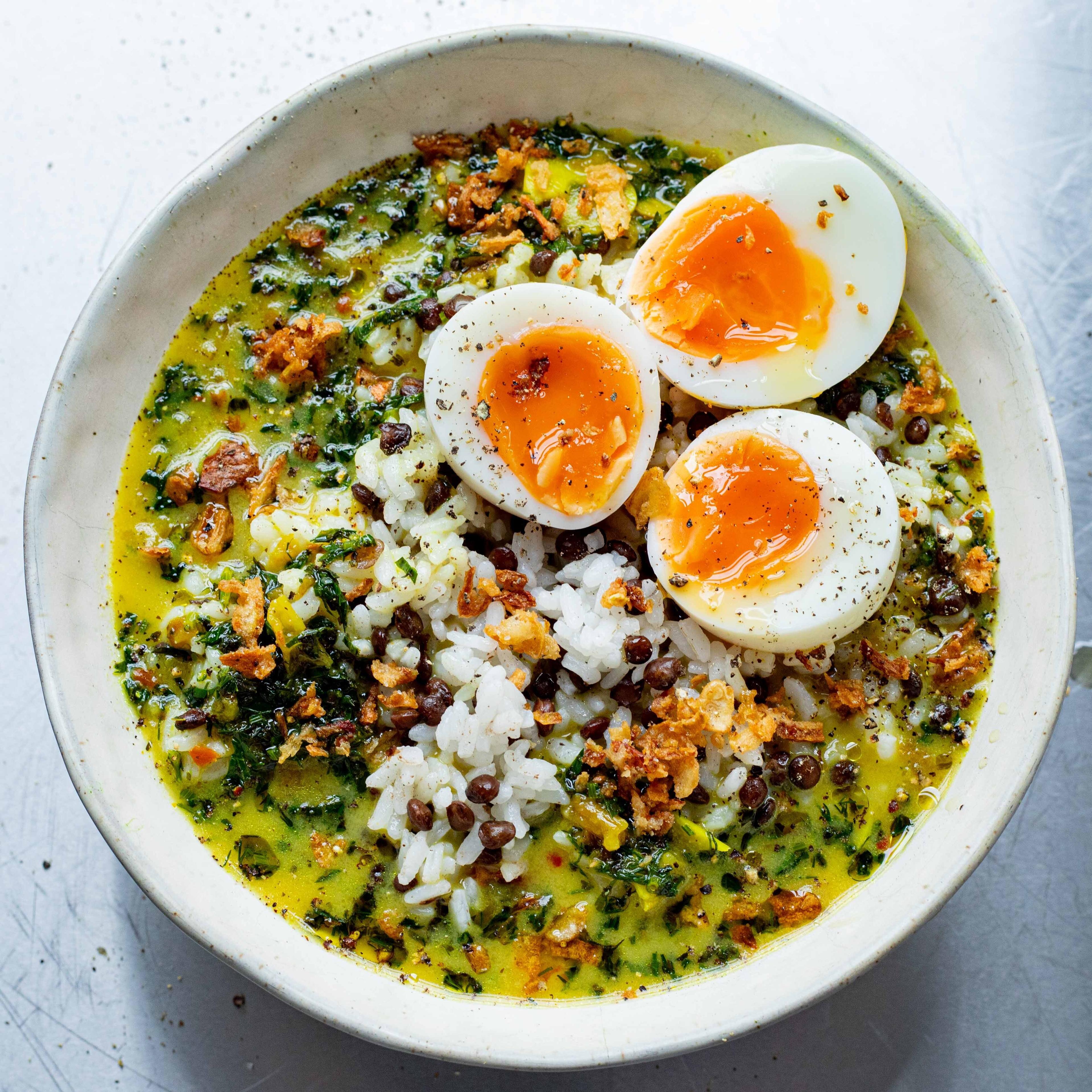 Golden Herby Broth with Eggs and Rice